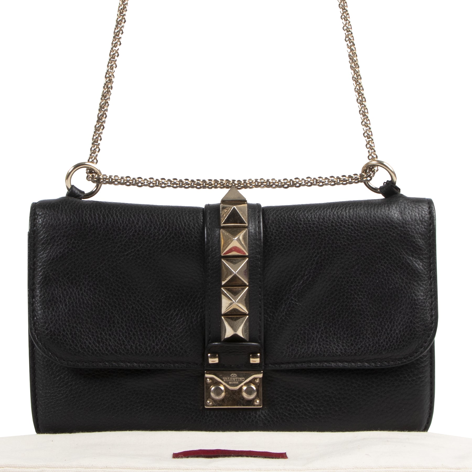Authentic secondhand Valentino Garavani Black Soft Grain Leather Rockstud Glam Lock Medium Flap Bag designer bags fashion luxury vintage webshop safe secure online shopping