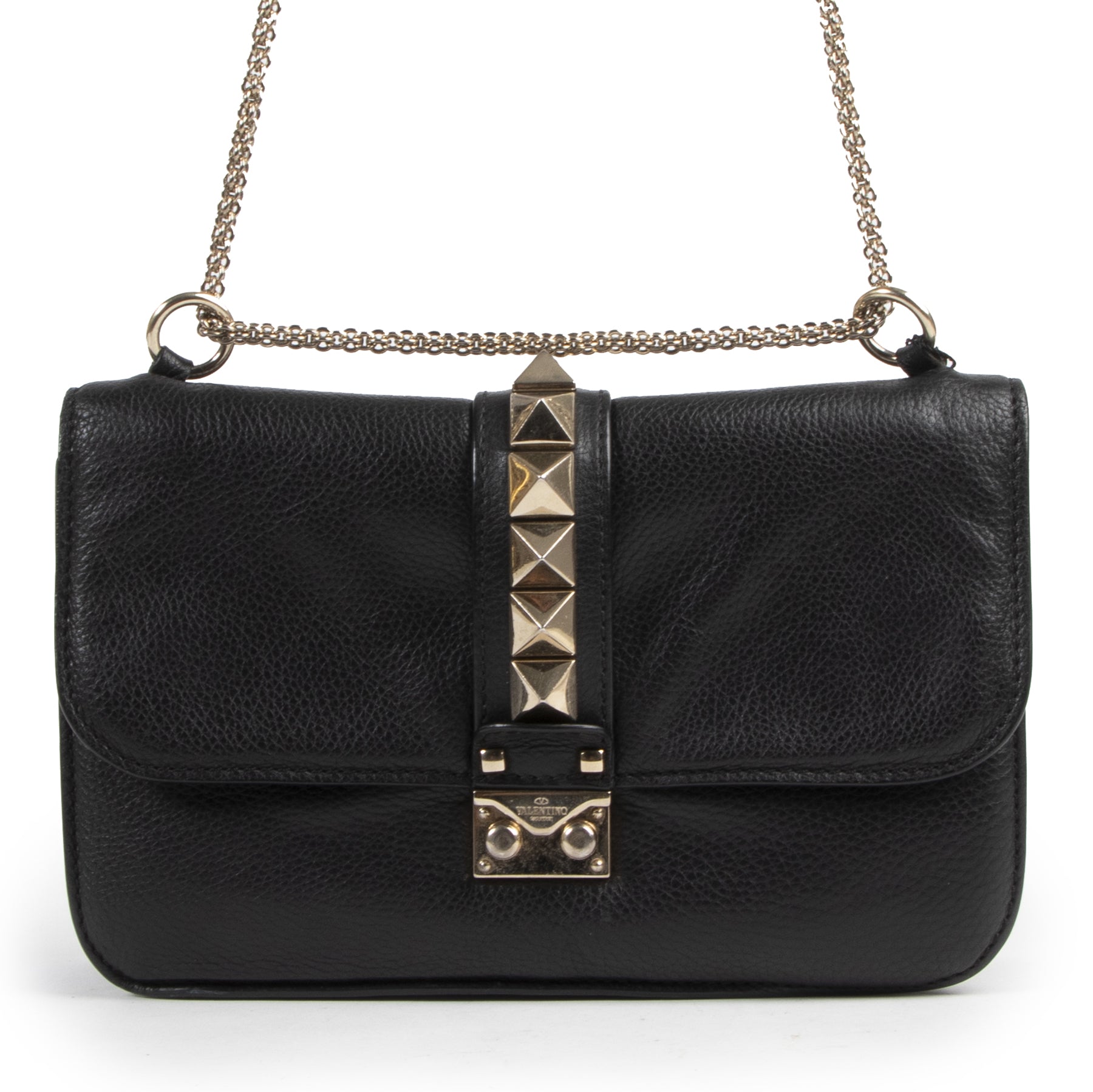 Authentic secondhand Valentino Garavani Black Soft Grain Leather Rockstud Glam Lock Medium Flap Bag designer bags fashion luxury vintage webshop safe secure online shopping