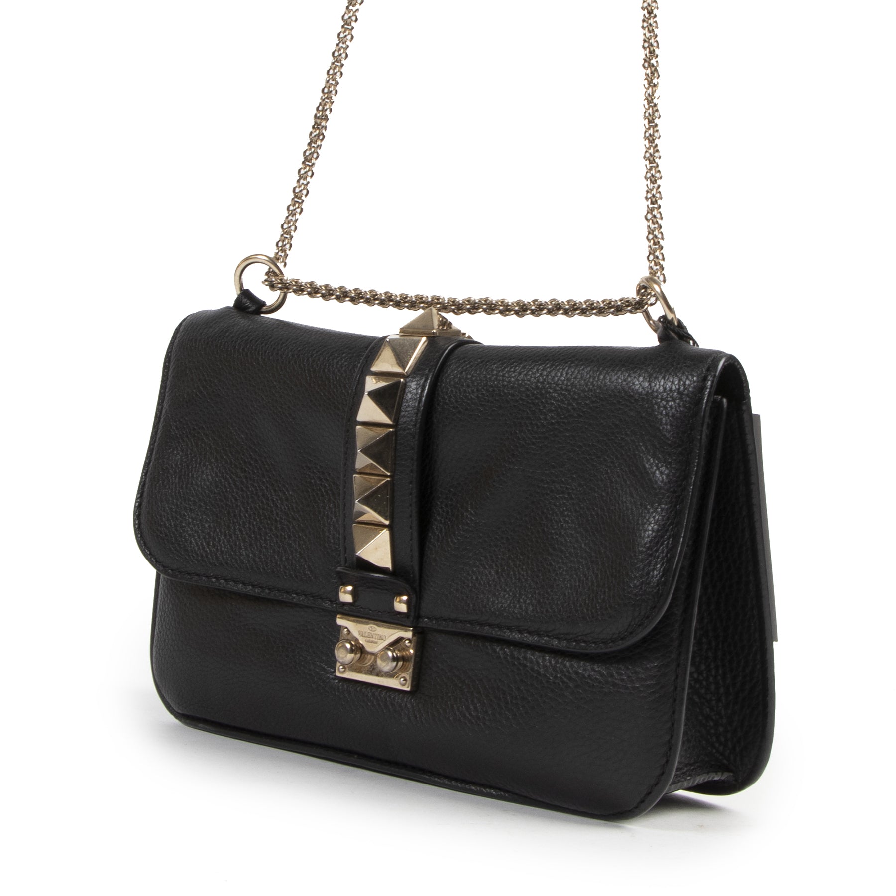 Authentieke Tweedehands Valentino Garavani Black Soft Grain Leather Rockstud Glam Lock Medium Flap Bag juiste prijs veilig online shoppen luxe merken webshop winkelen Antwerpen België mode fashion