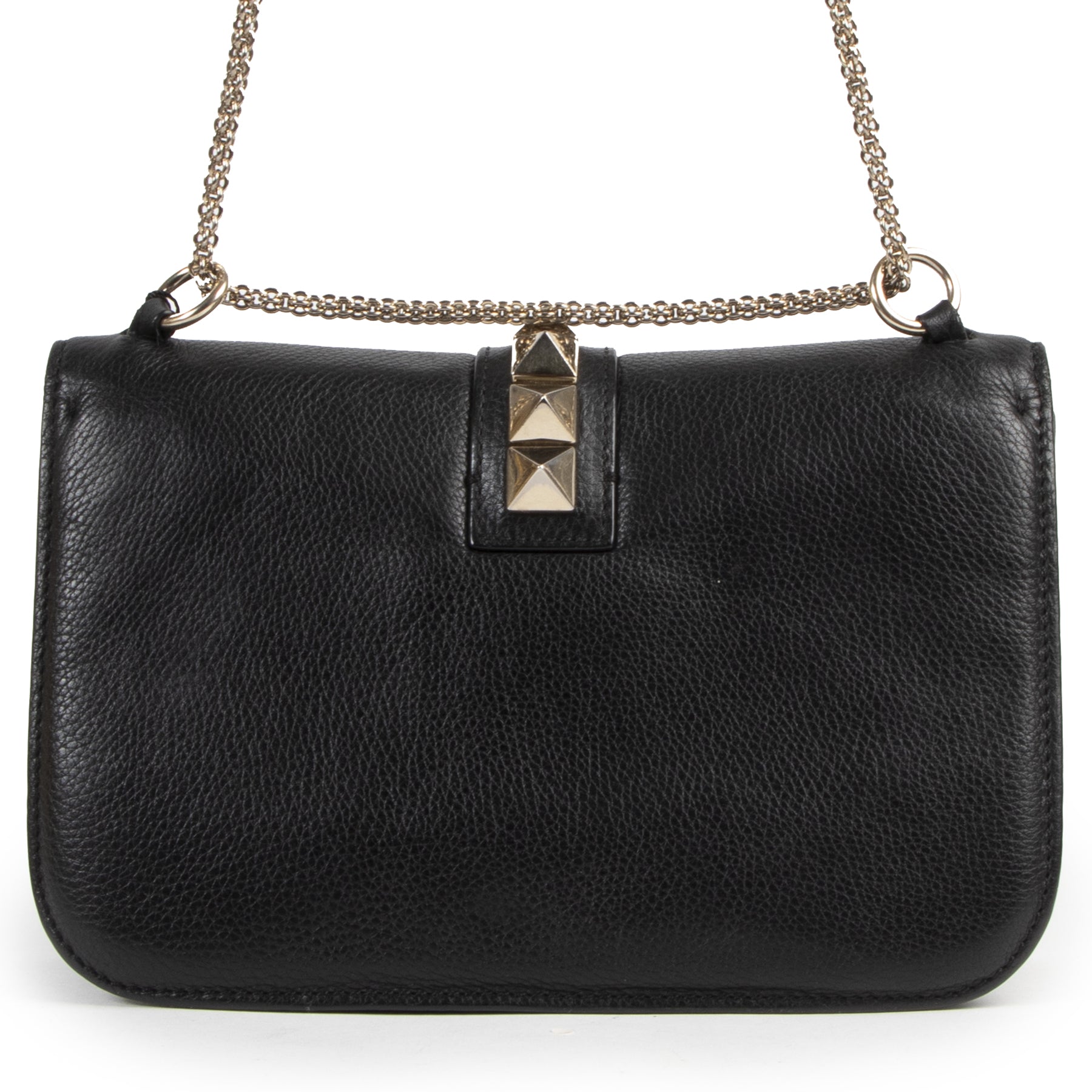 Authentieke Tweedehands Valentino Garavani Black Soft Grain Leather Rockstud Glam Lock Medium Flap Bag juiste prijs veilig online shoppen luxe merken webshop winkelen Antwerpen België mode fashion