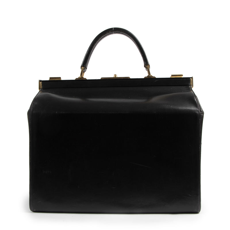 Authentieke Tweedehands Delvaux Black Leather Vintage Doctor Bag juiste prijs veilig online shoppen luxe merken webshop winkelen Antwerpen België mode fashion