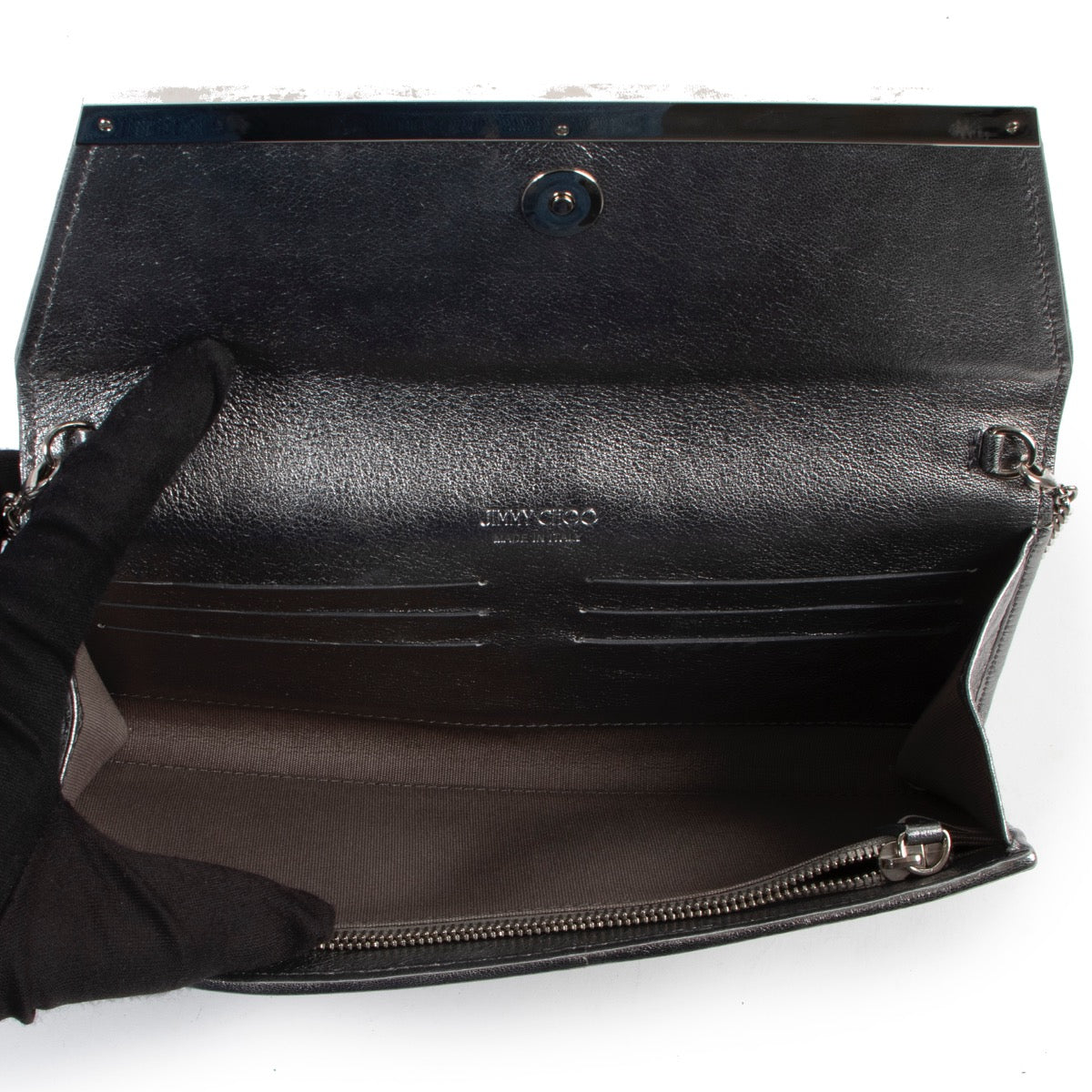 Jimmy Choo Silver Clutch in very good condition on Labellov designer site for vintage 2nd hand goods