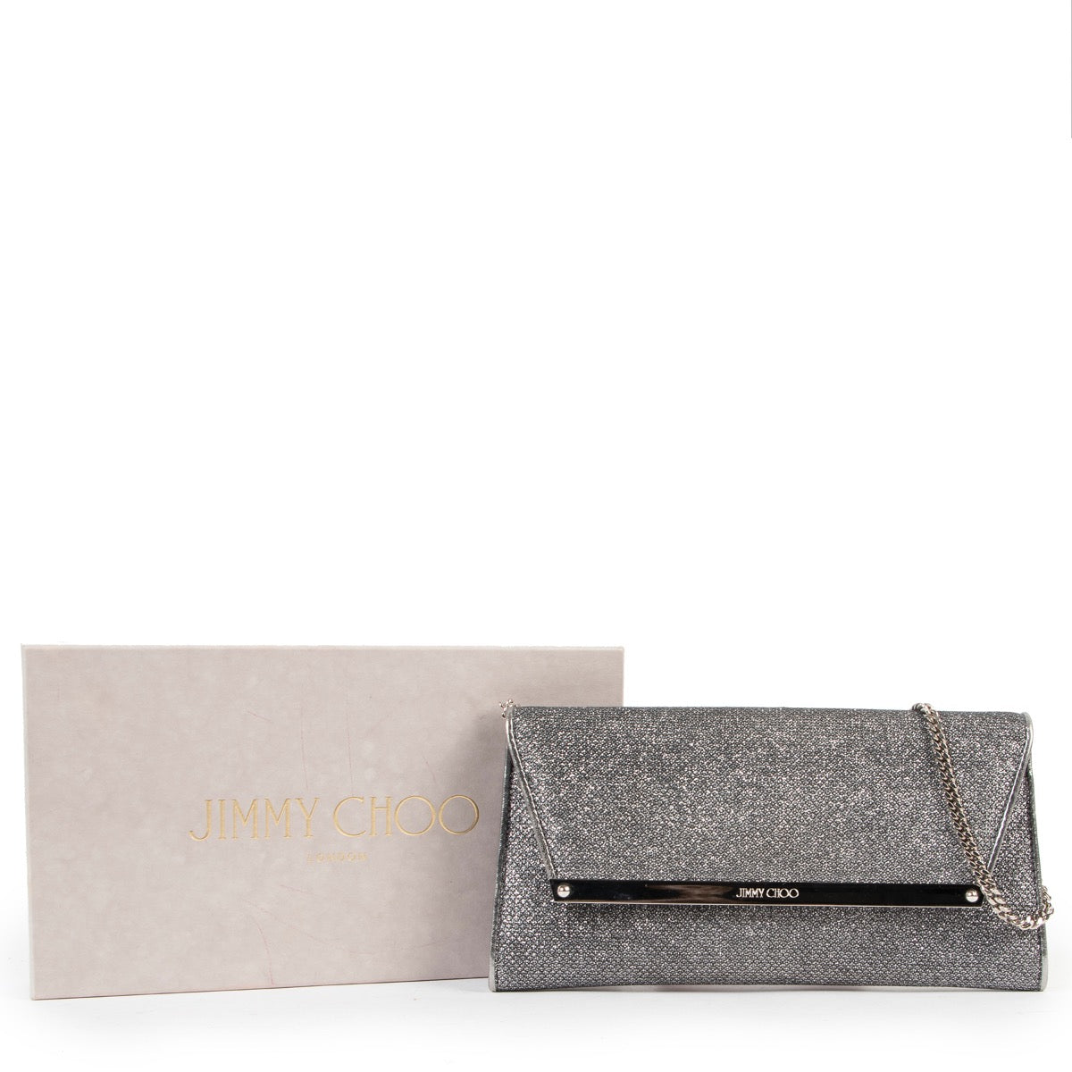 Jimmy Choo Silver Clutch in very good condition on Labellov designer site for vintage 2nd hand goods