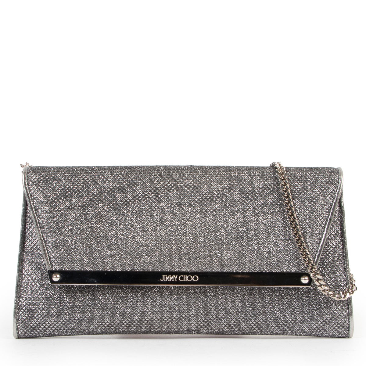 Jimmy Choo Silver Clutch in very good condition on Labellov designer site for vintage 2nd hand goods