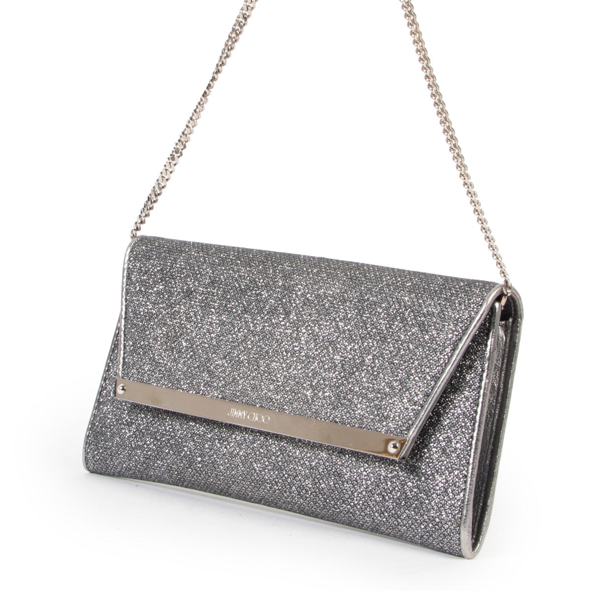 Jimmy Choo Silver Clutch in very good condition on Labellov designer site for vintage 2nd hand goods