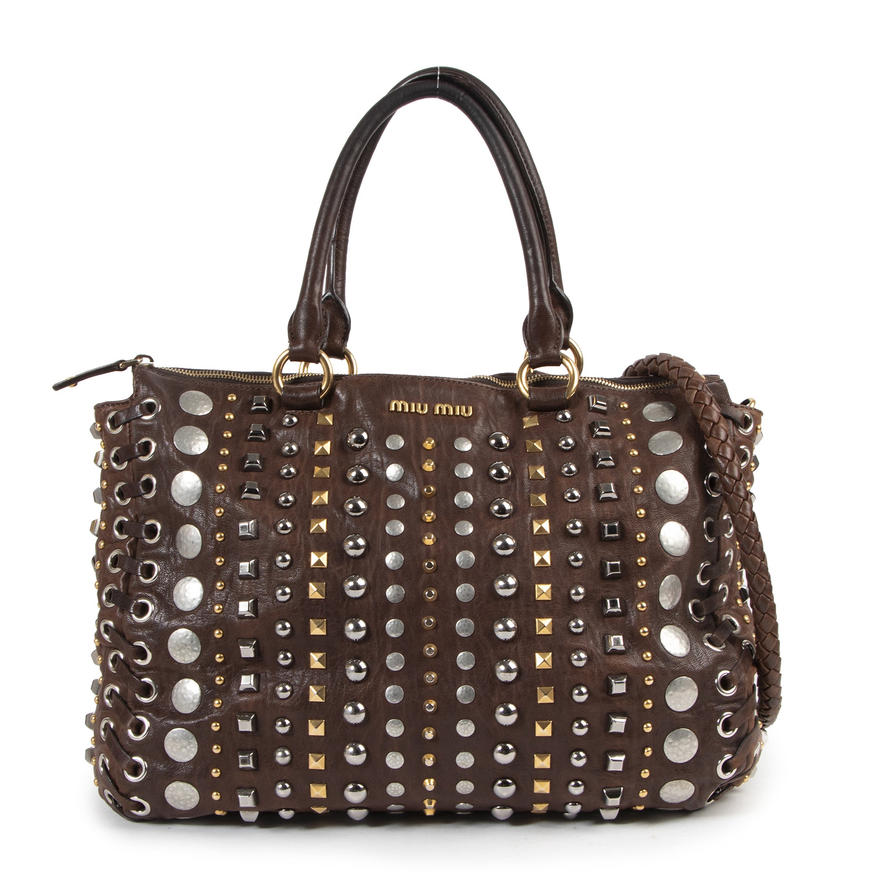 Authentieke Tweedehands Miu Miu Brown Leather Studded Shoulder Bag juiste prijs veilig online shoppen luxe merken webshop winkelen Antwerpen België mode fashion