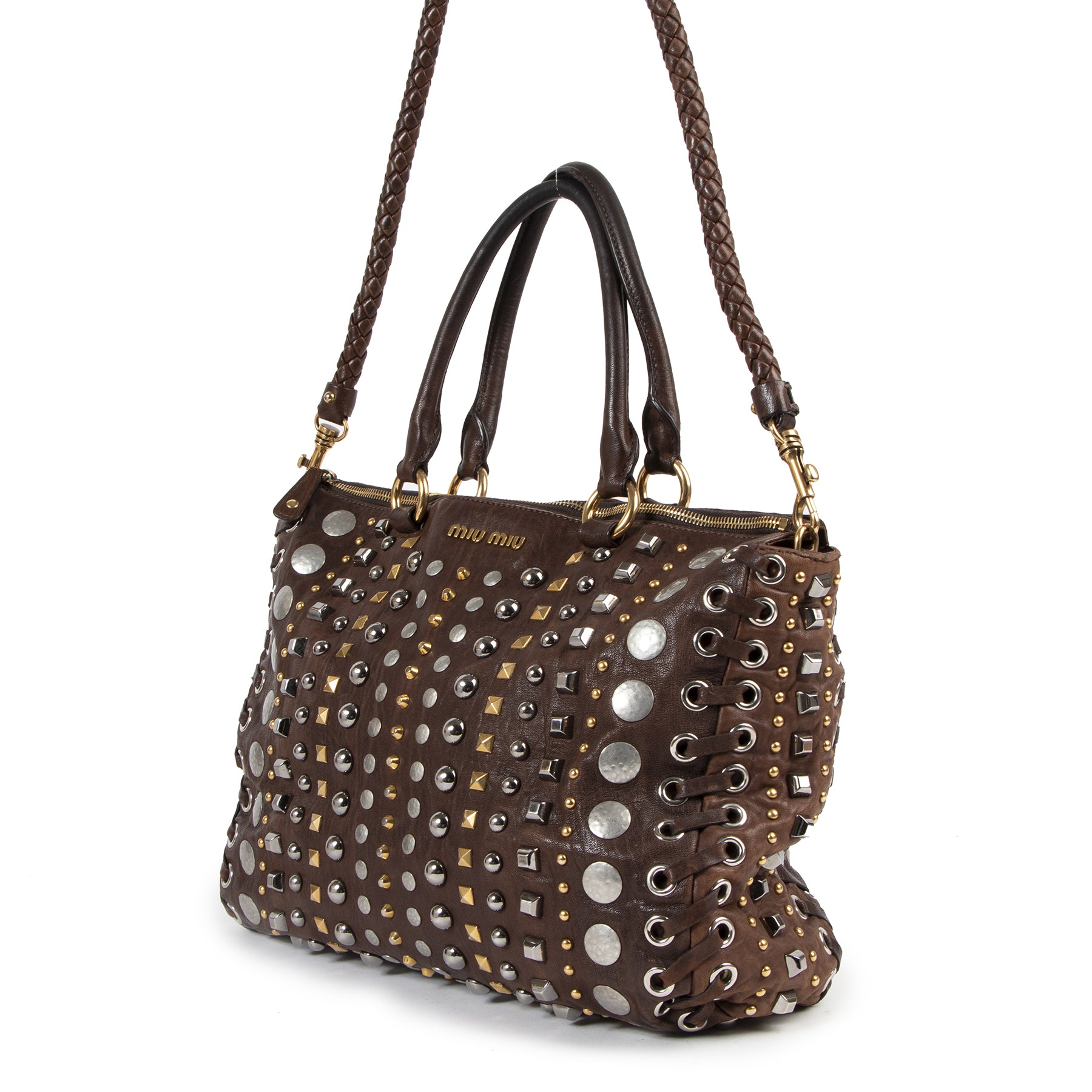 Miu Miu Brown Leather Studded Shoulder Bag – Labellov