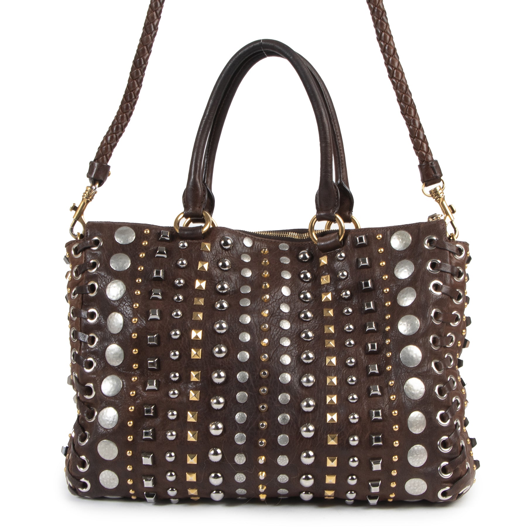Authentic secondhand Miu Miu Brown Leather Studded Shoulder Bag designer bags fashion luxury vintage webshop safe secure online shopping