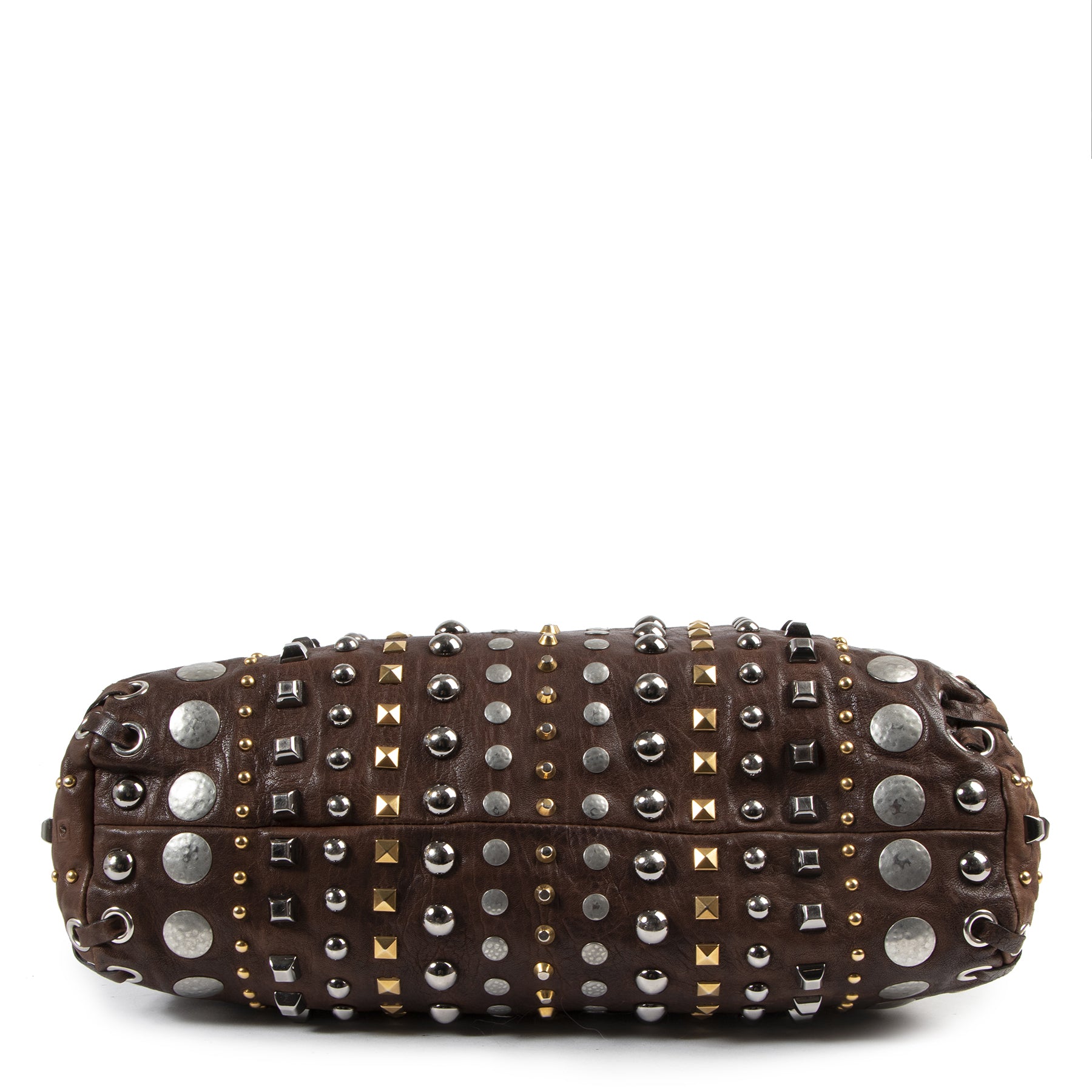Authentic secondhand Miu Miu Brown Leather Studded Shoulder Bag designer bags fashion luxury vintage webshop safe secure online shopping