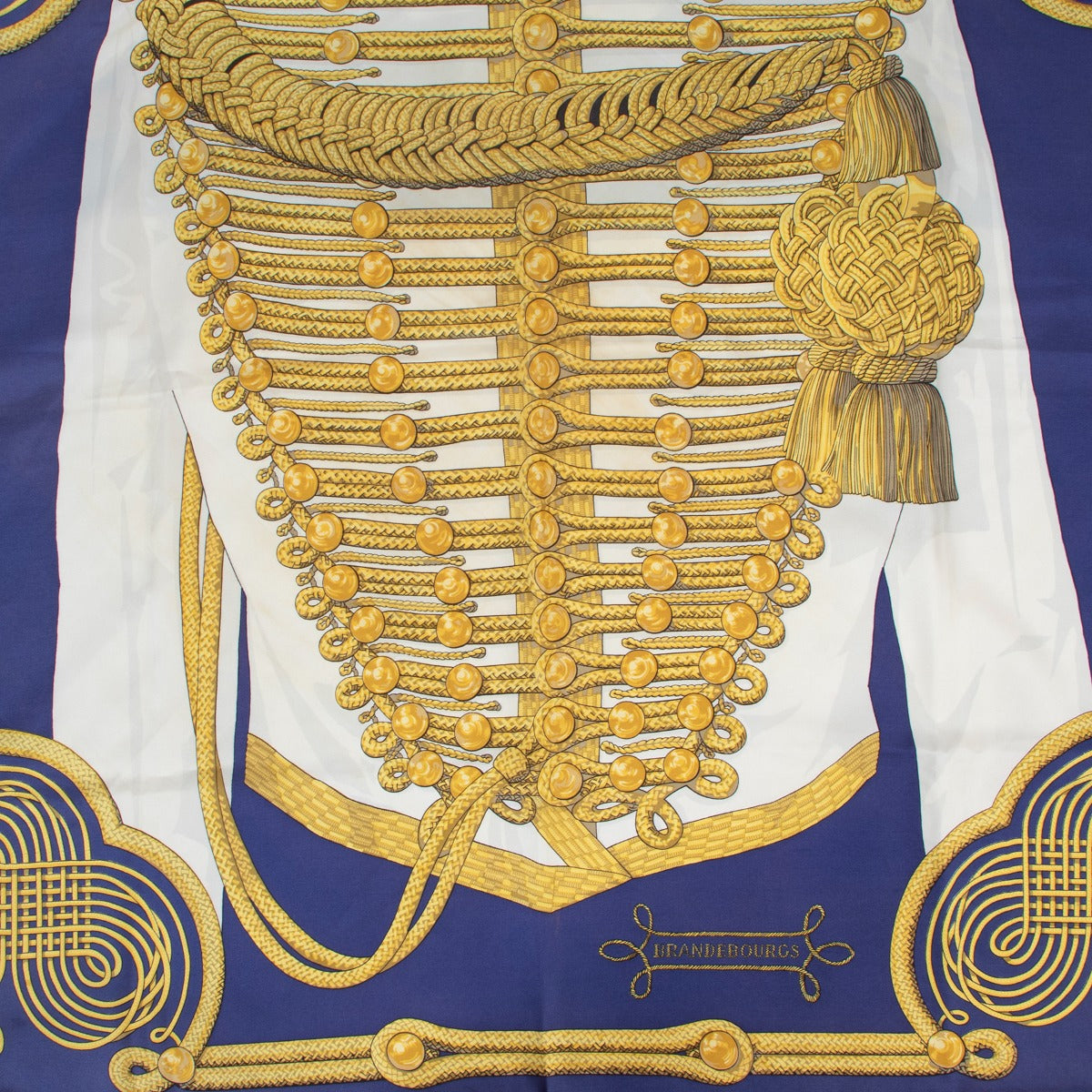 Hermès Paris Brandebourgs Blue Silk Carré Scarf available at Labellov