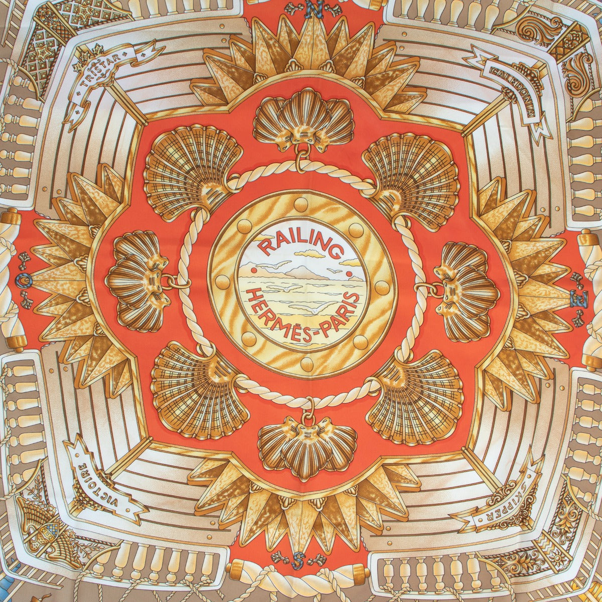 Hermès Paris Railings Orange Carré Scarf beautiful and available at Labellov Luxury