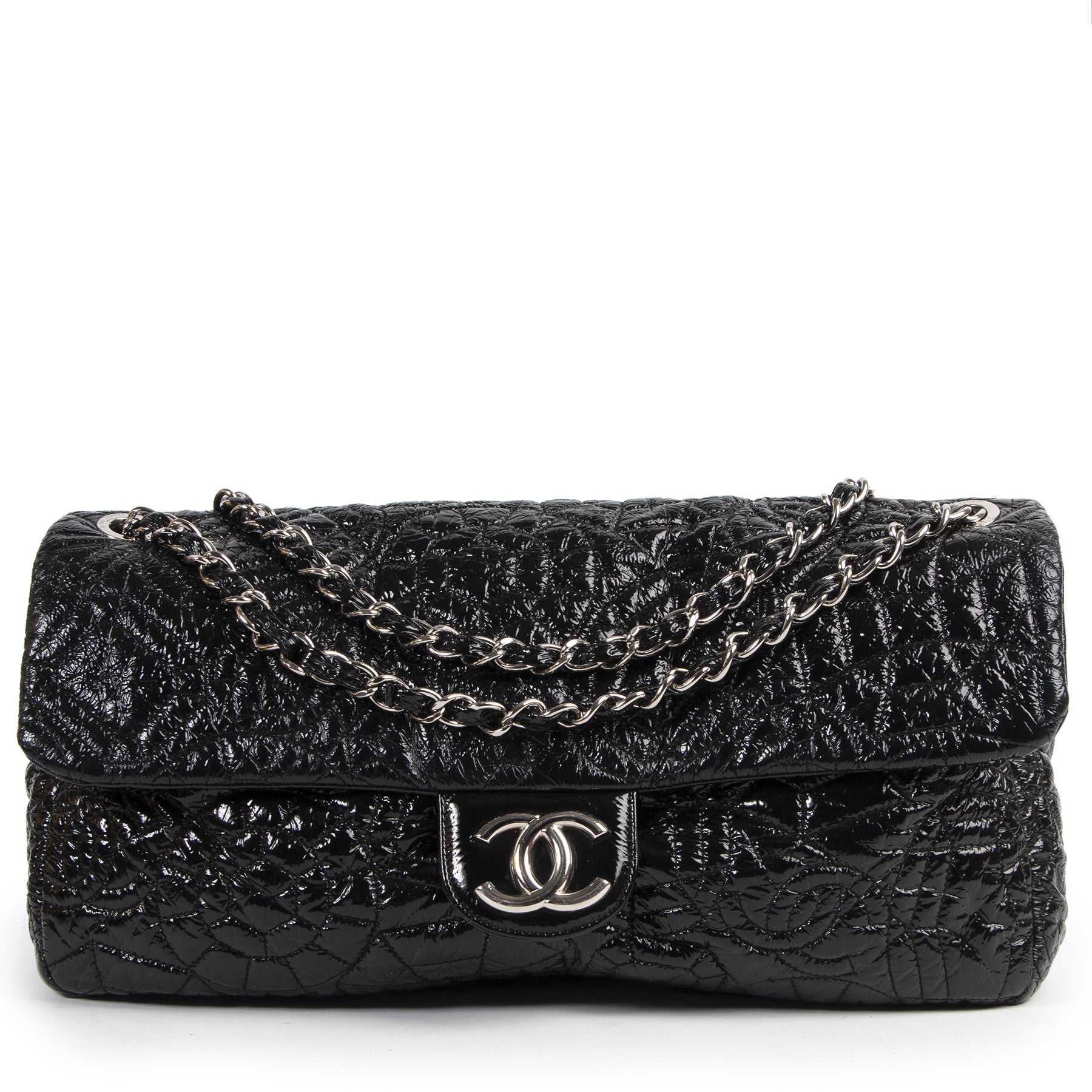 koop tweedehands Chanel Black Patent Graphic Edge Single Flap Bag