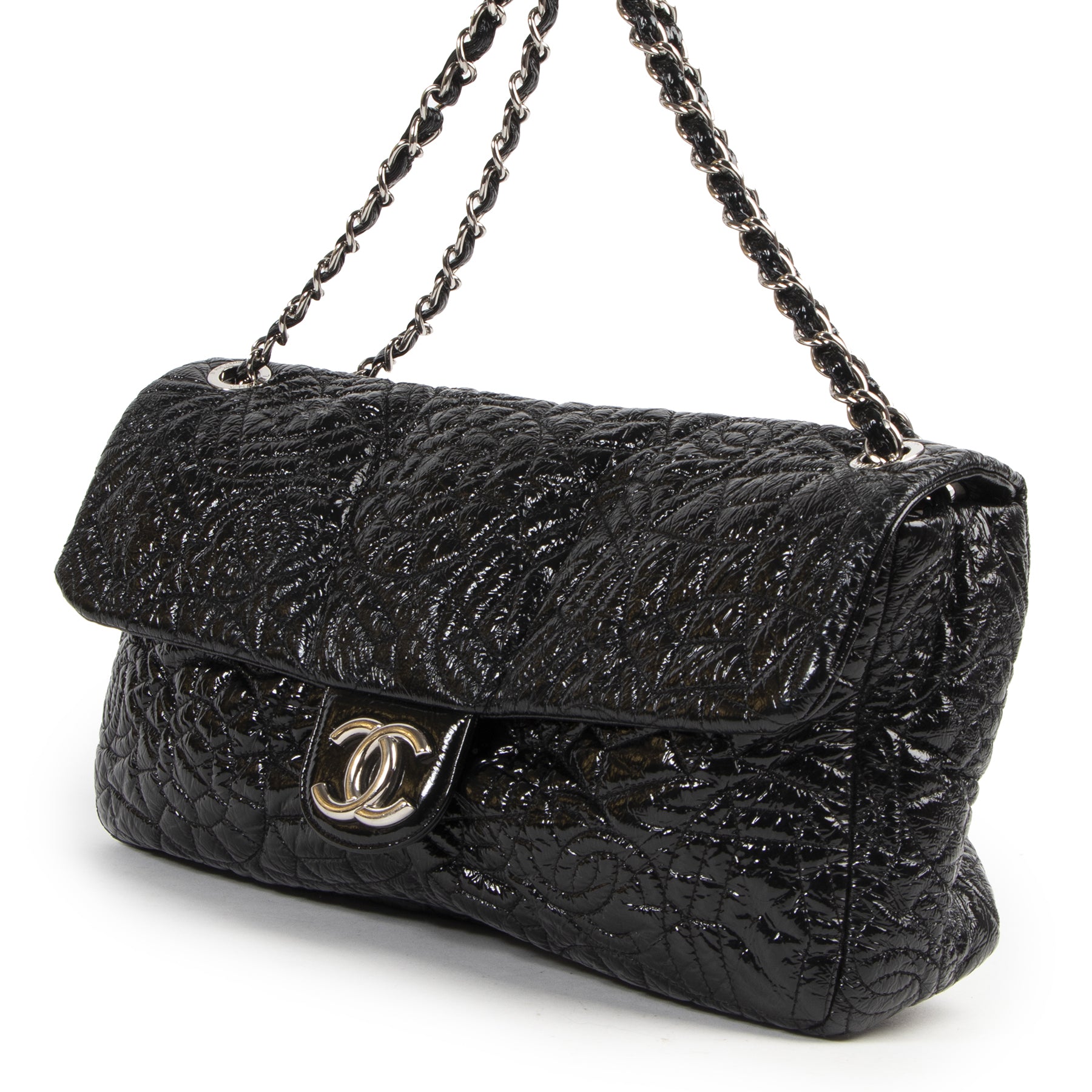 Chanel Black Patent Graphic Edge Single Flap Bag