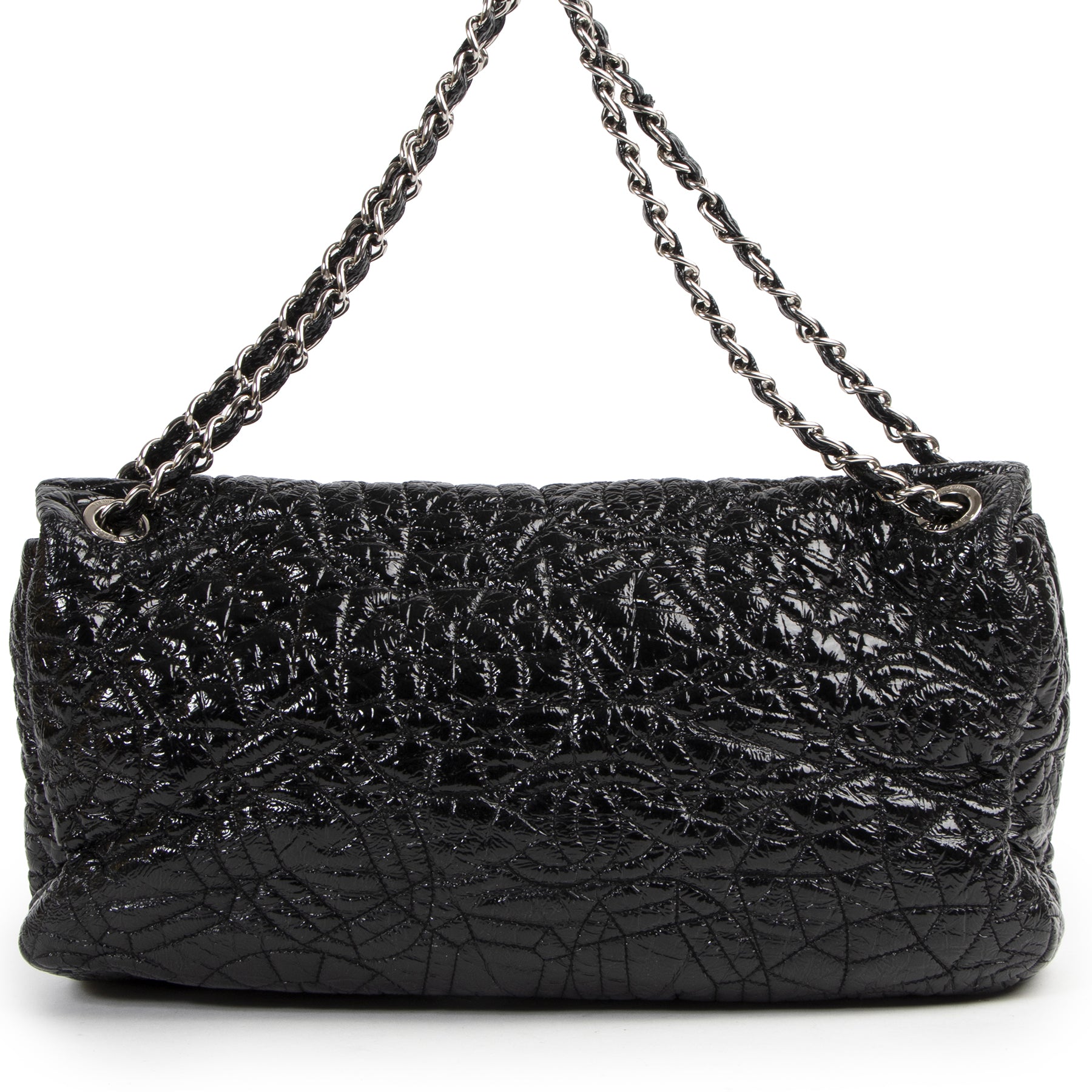 koop veilig onlien Chanel Black Patent Graphic Edge Single Flap Bag