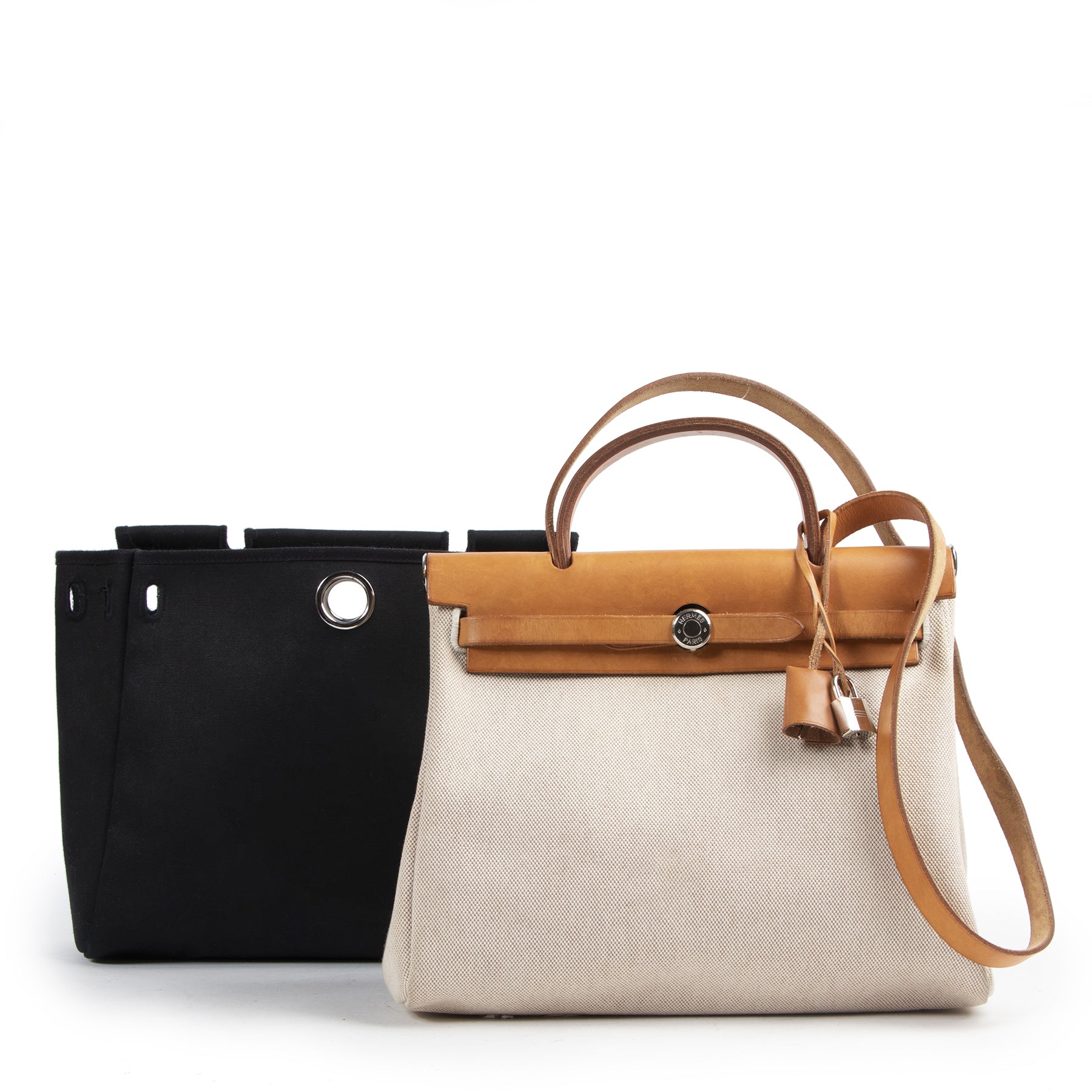 Hermes Black And Beige Canvas 2 in 1 Herbag koop 100% echt tweedehands