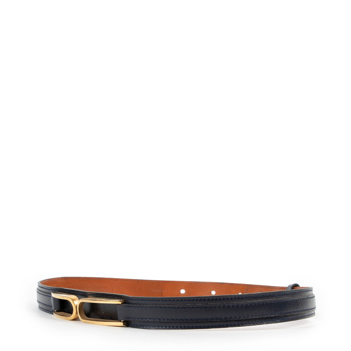 Buy an authentic second hand Delvaux Vintage Blue Leather Belt with Gold-Plated D logo's in good condition at Labellov