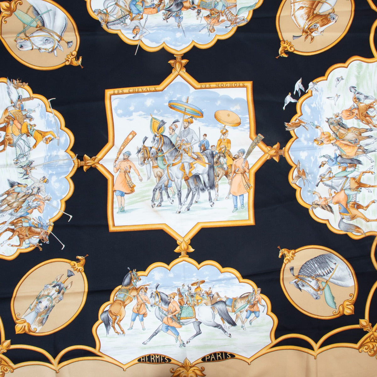 Buy safe online this 100% authentic Hermès silk scarf at Labellov Antwerp les chevaux des moghols.