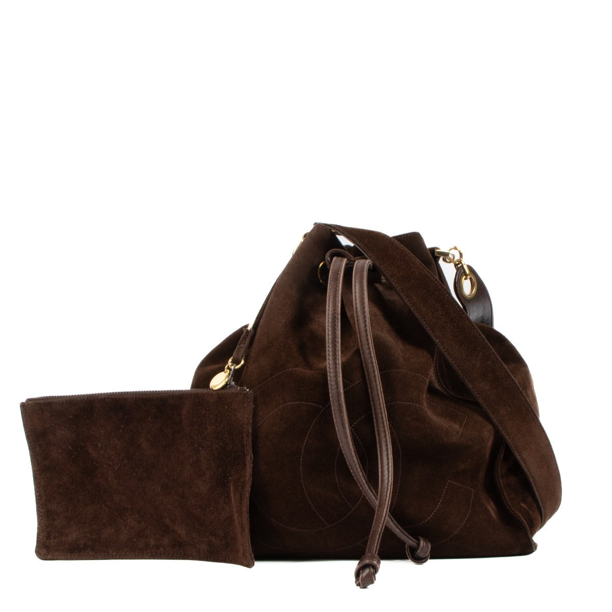 Shop safe online at Labellov in Antwerp, Brussels and Knokke this 100% authentic second hand Chanel Brown Suede Drawstring Bucket Bag