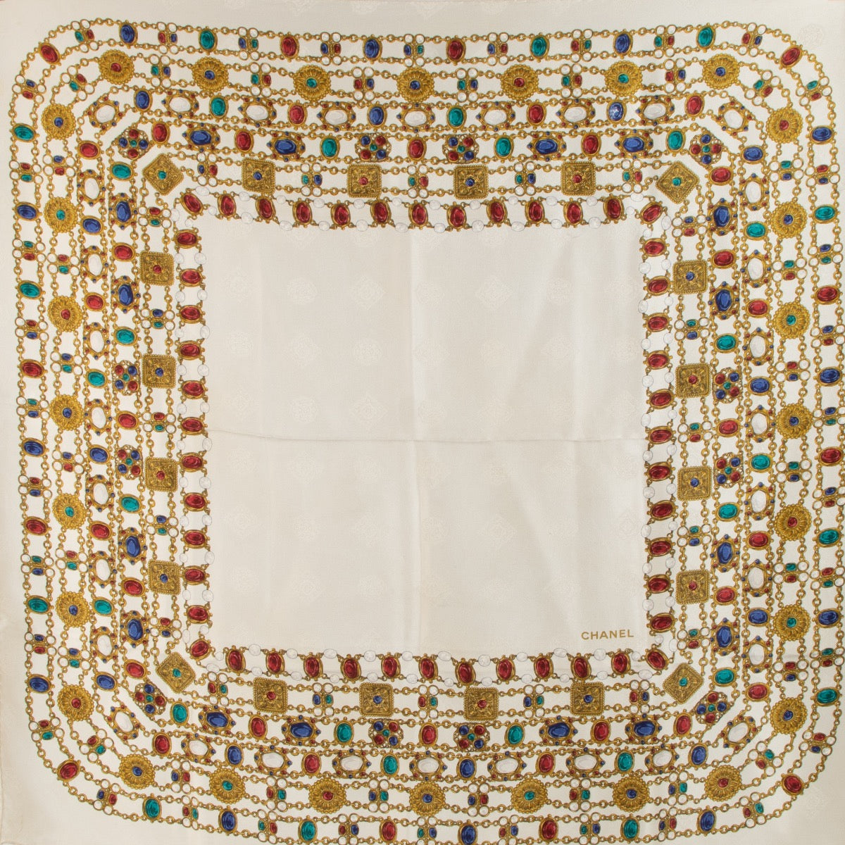 Buy real authentic Chanel Beige Jewelry Print Carre Scarf safe online at labellov.com