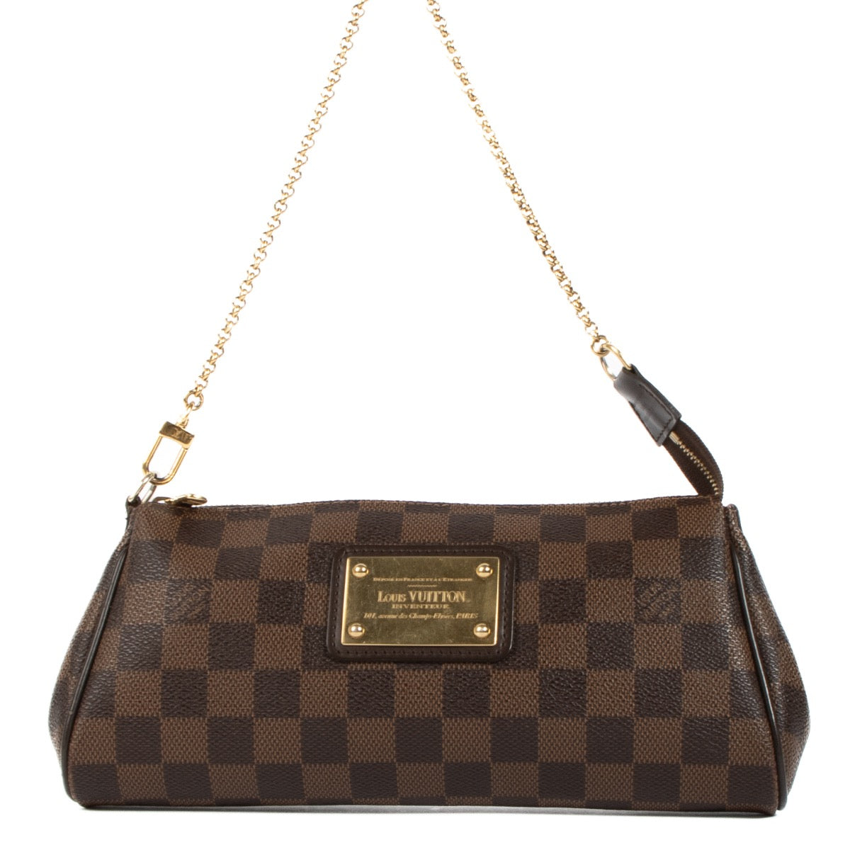 Shop safe online at Labellov in Antwerp, Brussels and Knokke this 100% authentic second hand Louis Vuitton Damier Ebene Canvas Eva Chain Crossbody Bag