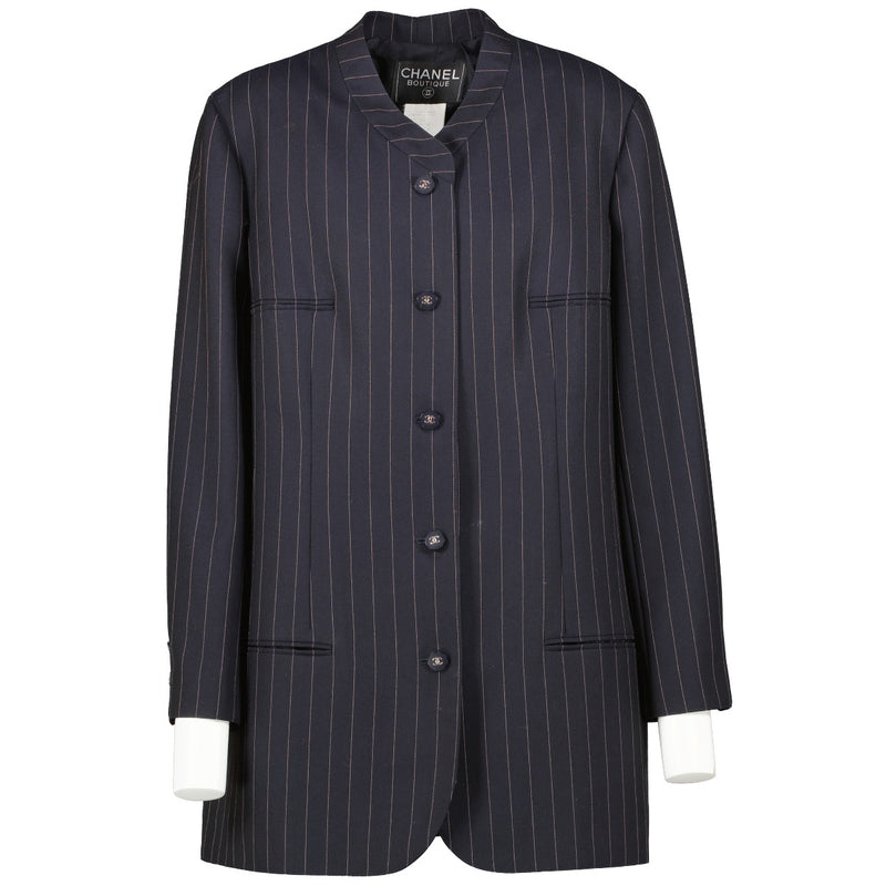 authentic second hand Chanel 96P Navy Blue Pinstripe Blazer Jacket on Labellov.com
