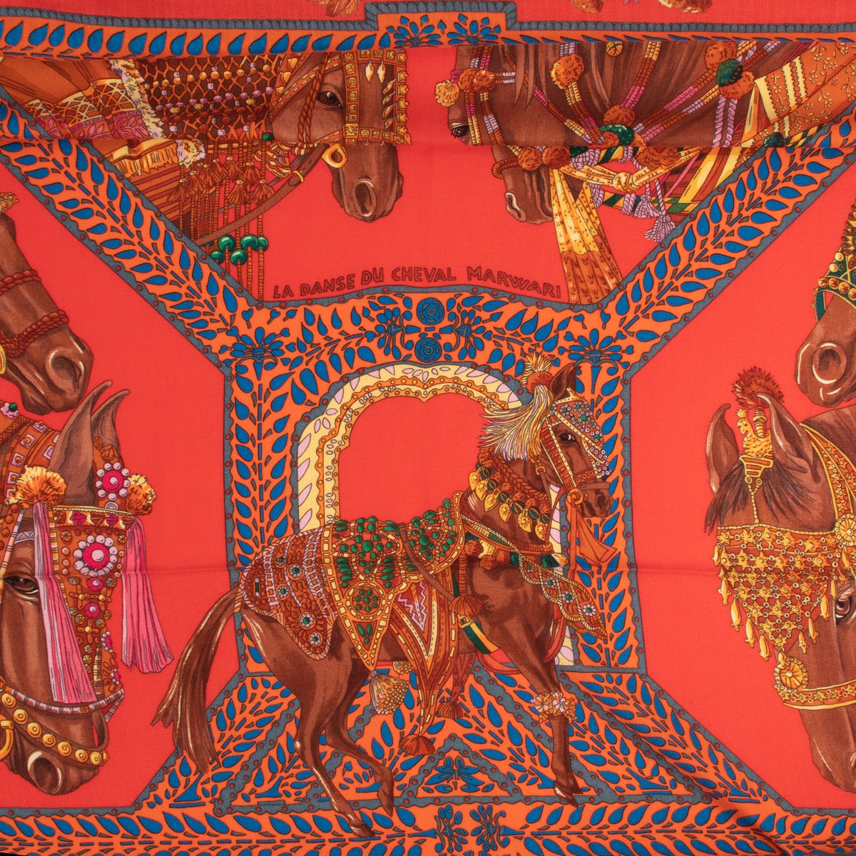 Shop safe online at Labellov in Antwerp this 100% authentic second hand Hermès Red Cashmere La Danse Du Cheval Marwari Scarf