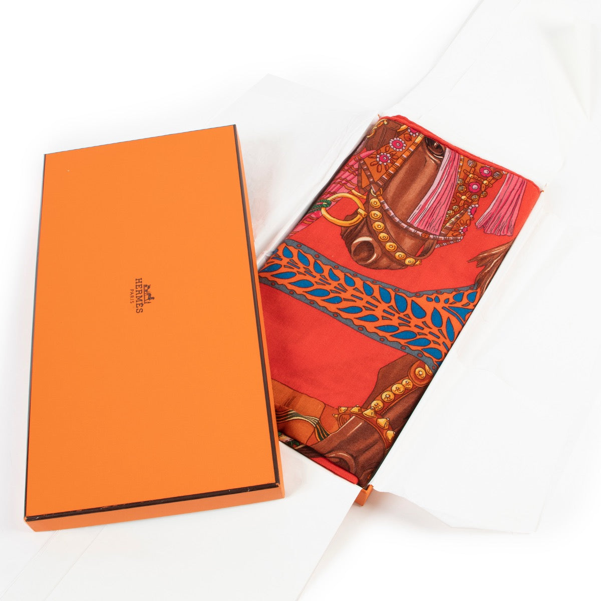 Shop safe online at Labellov in Antwerp this 100% authentic second hand Hermès Red Cashmere La Danse Du Cheval Marwari Scarf