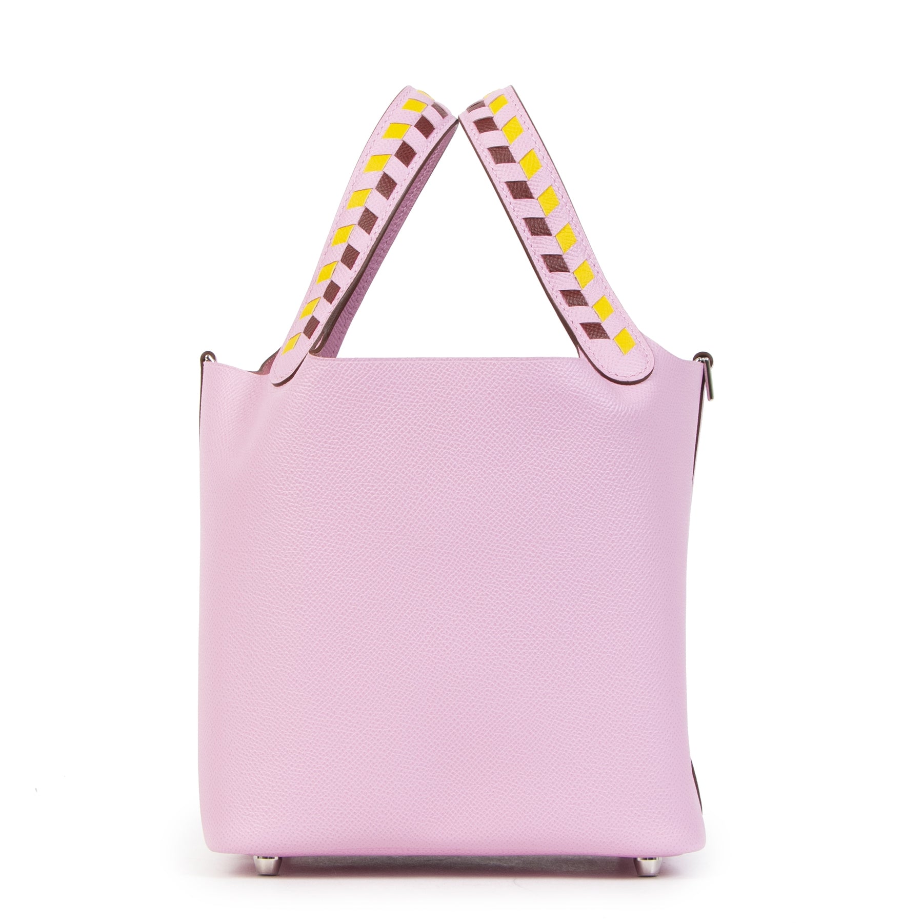 acheter en ligne seconde main Hermes Picotin Lock Tressage De Cuir Chevron 18 PM Mauve sylvestre/Jaune de naples/Rouge H