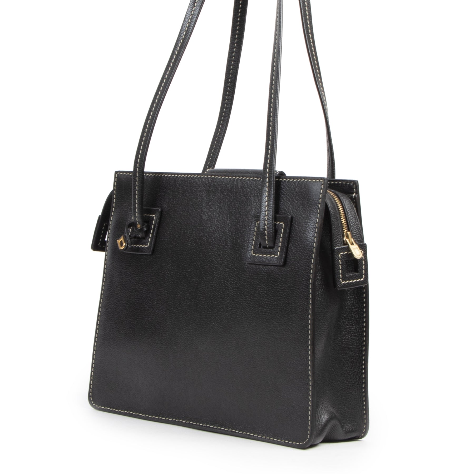 Authentieke tweedehands vintage Delvaux Black Double Strap Shoulder Bag koop online webshop LabelLOV
