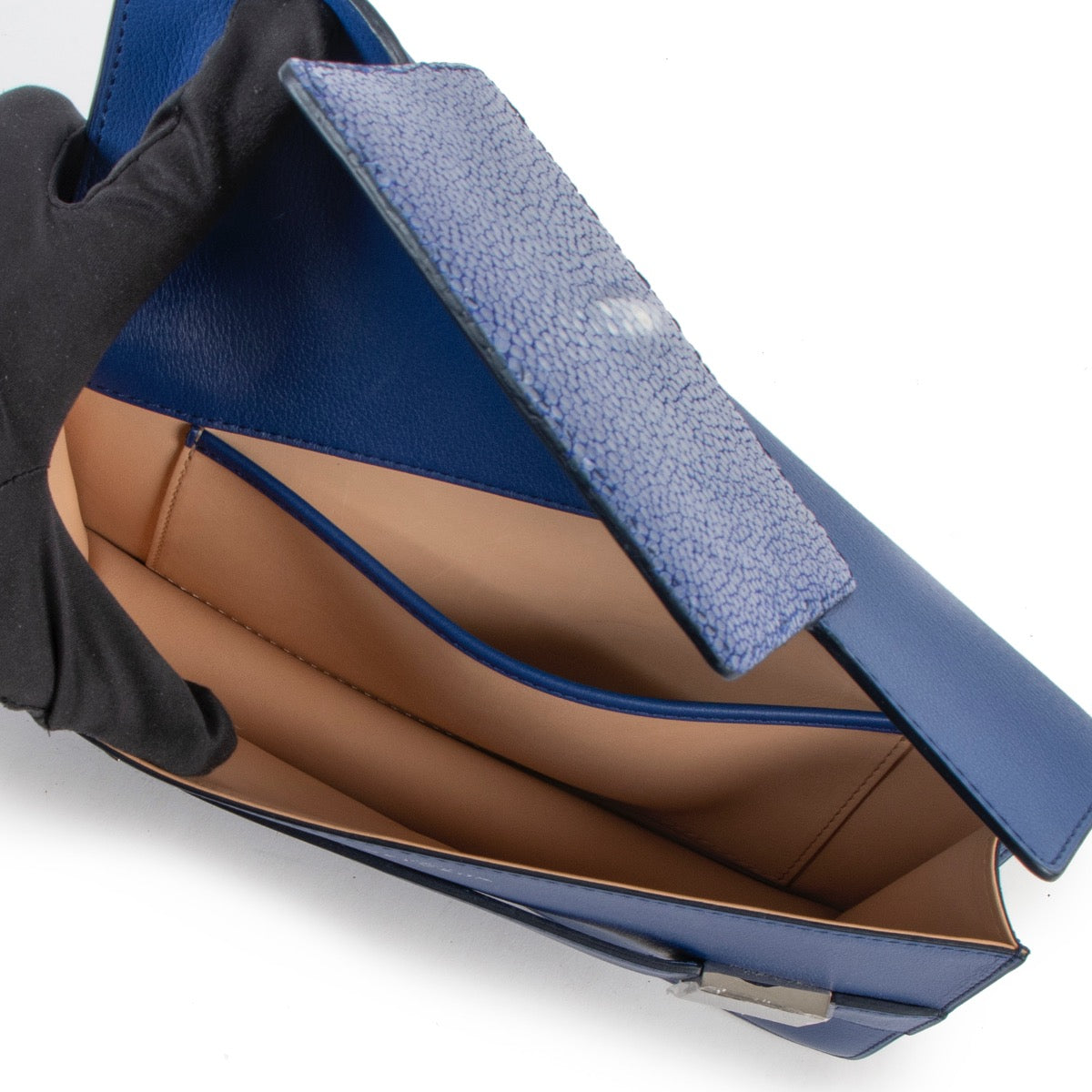 Shop safe online at Labellov in Antwerp this 100% authentic second hand Delvaux Bleu De Prusse Galuchat Madame Clutch