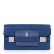 Shop safe online at Labellov in Antwerp this 100% authentic second hand Delvaux Bleu De Prusse Galuchat Madame Clutch