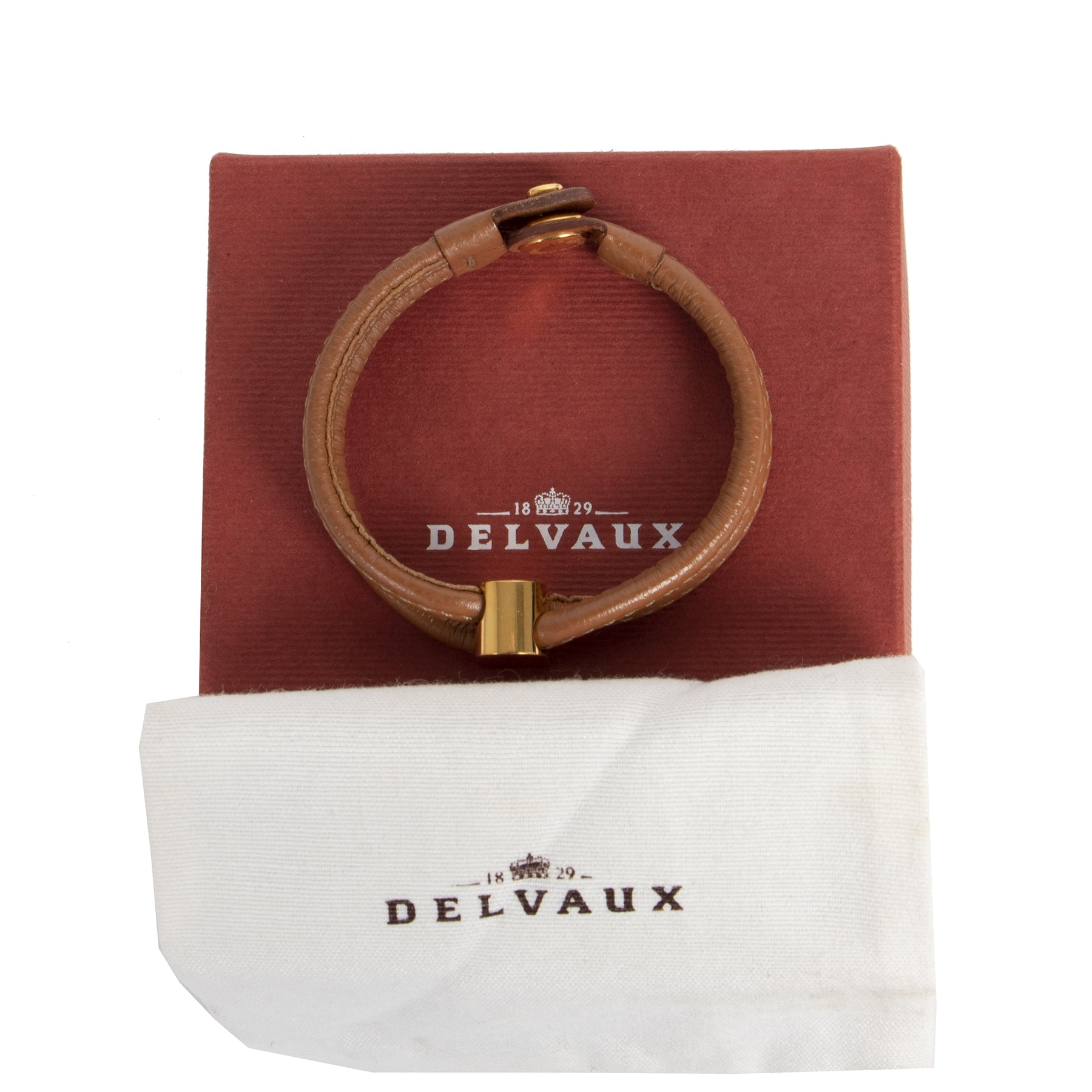 Authentique seconde-main vintage Delvaux Brown Leather Gold D Bracelet achète en ligne webshop LabelLOV