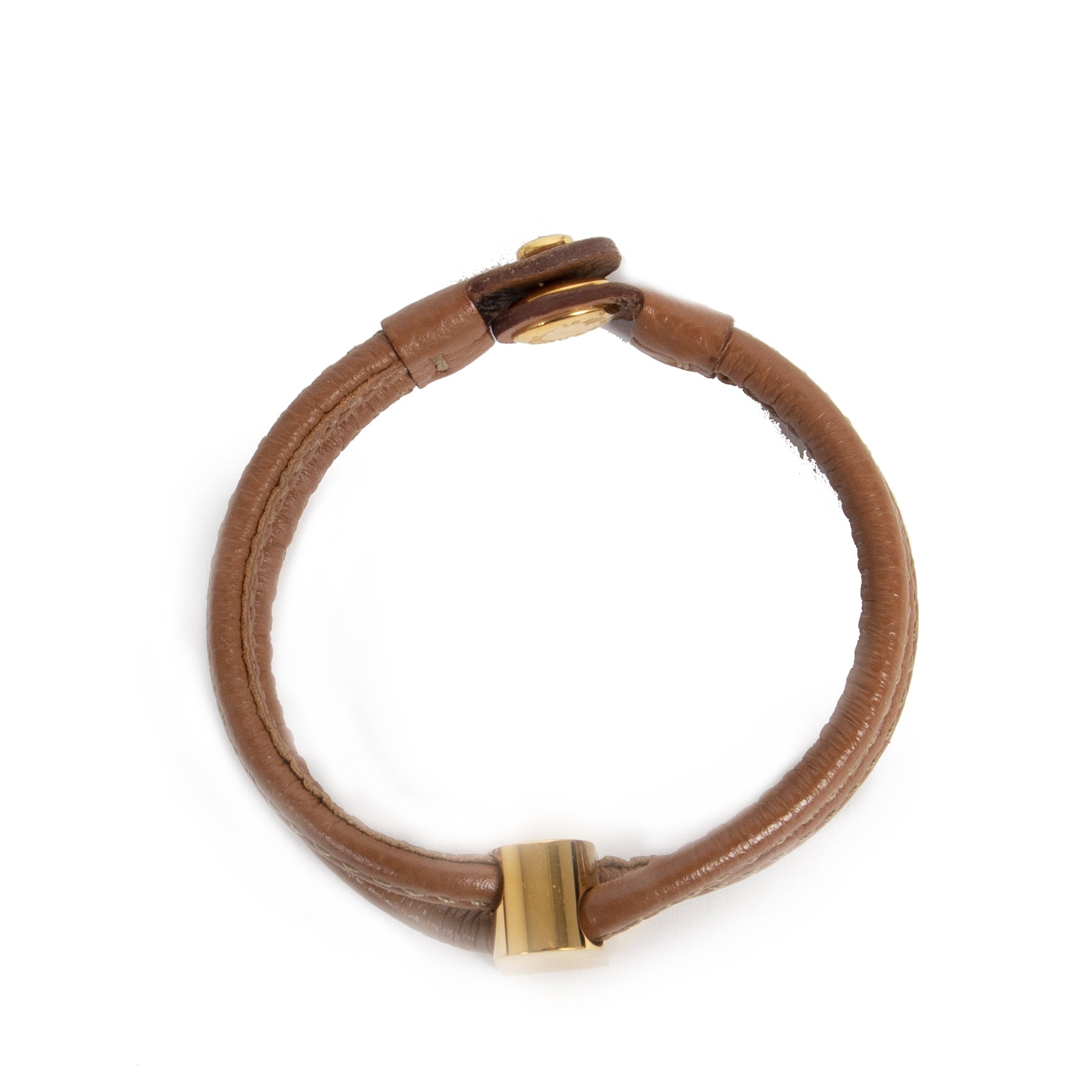 Authentieke tweedehands vintage Delvaux Brown Leather Gold D Bracelet koop online webshop LabelLOV