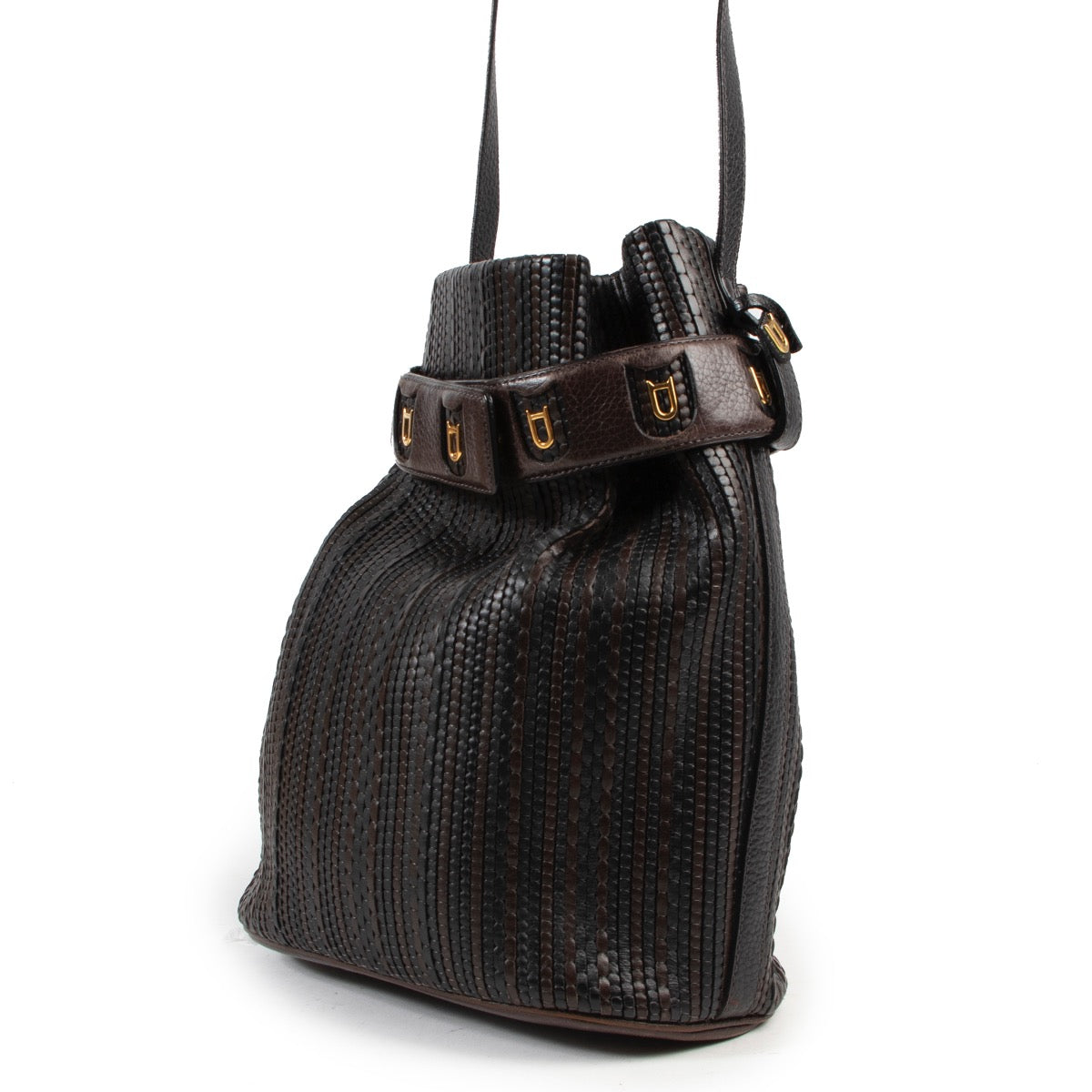 Online kopen van een authentieke tweedehands Delvaux bruin zwart toile de cuir Calicot handtas.