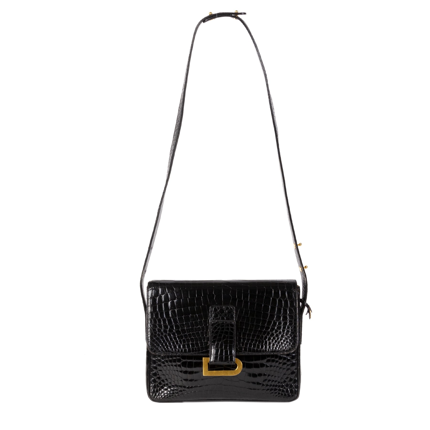 Authentic second-hand vintage Delvaux Poirier Black Croco Shoulder Bag buy online webshop LabelLOV