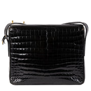 Authentieke tweedehands vintage Delvaux Poirier Black Croco Shoulder Bag koop online webshop LabelLOV