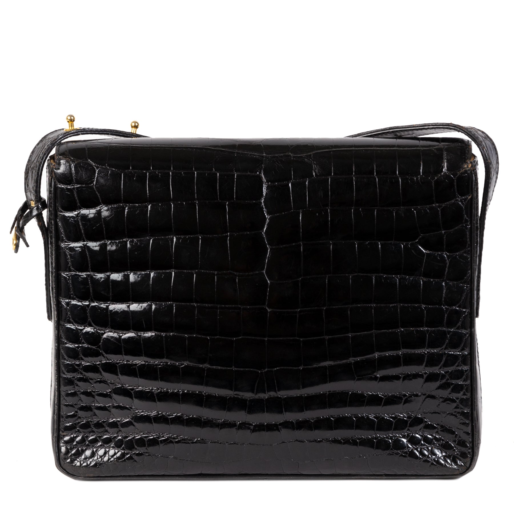 Authentieke tweedehands vintage Delvaux Poirier Black Croco Shoulder Bag koop online webshop LabelLOV