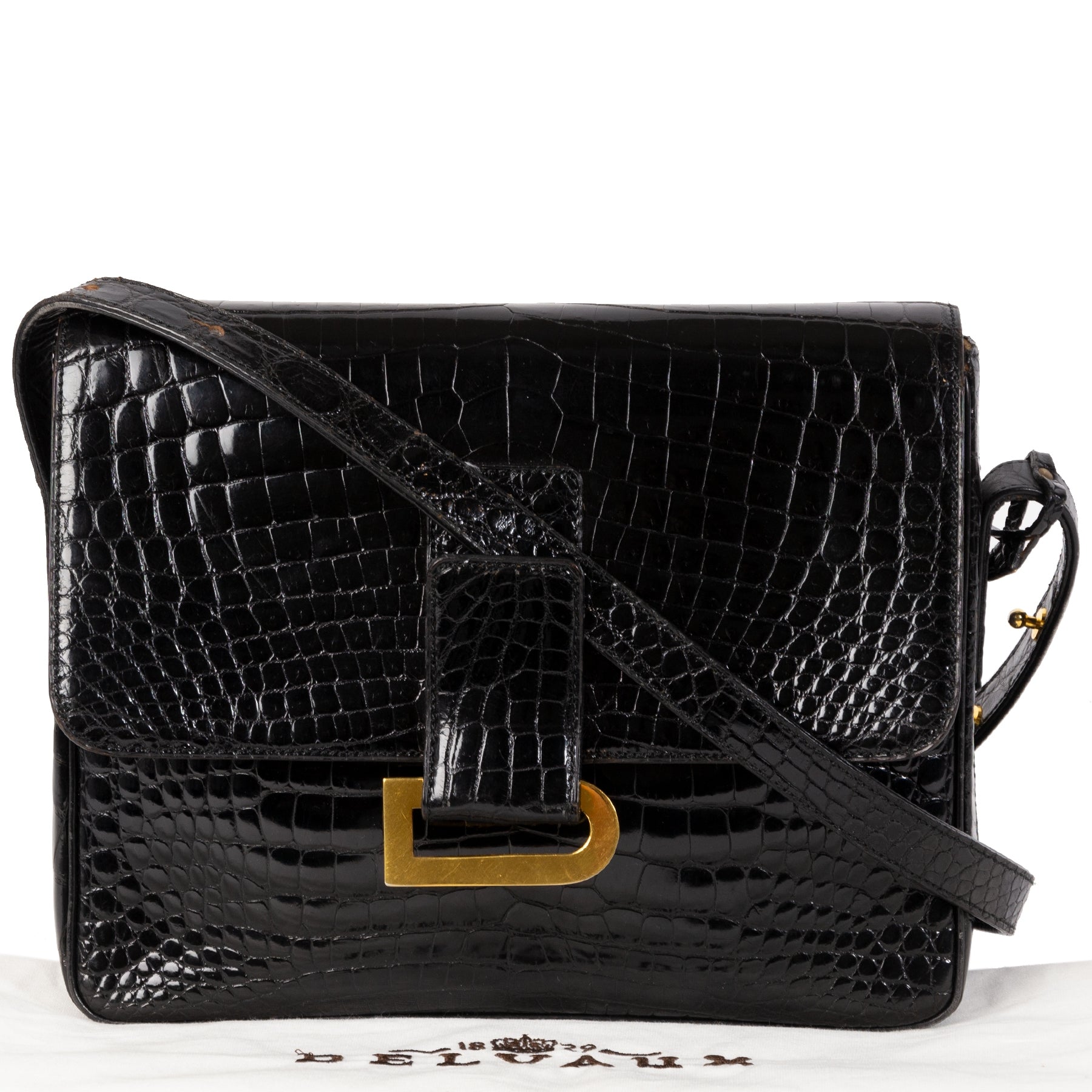 Authentique seconde main vintage Delvaux Poirier Black Croco Shoulder Bag achète en ligne webshop LabelLOV