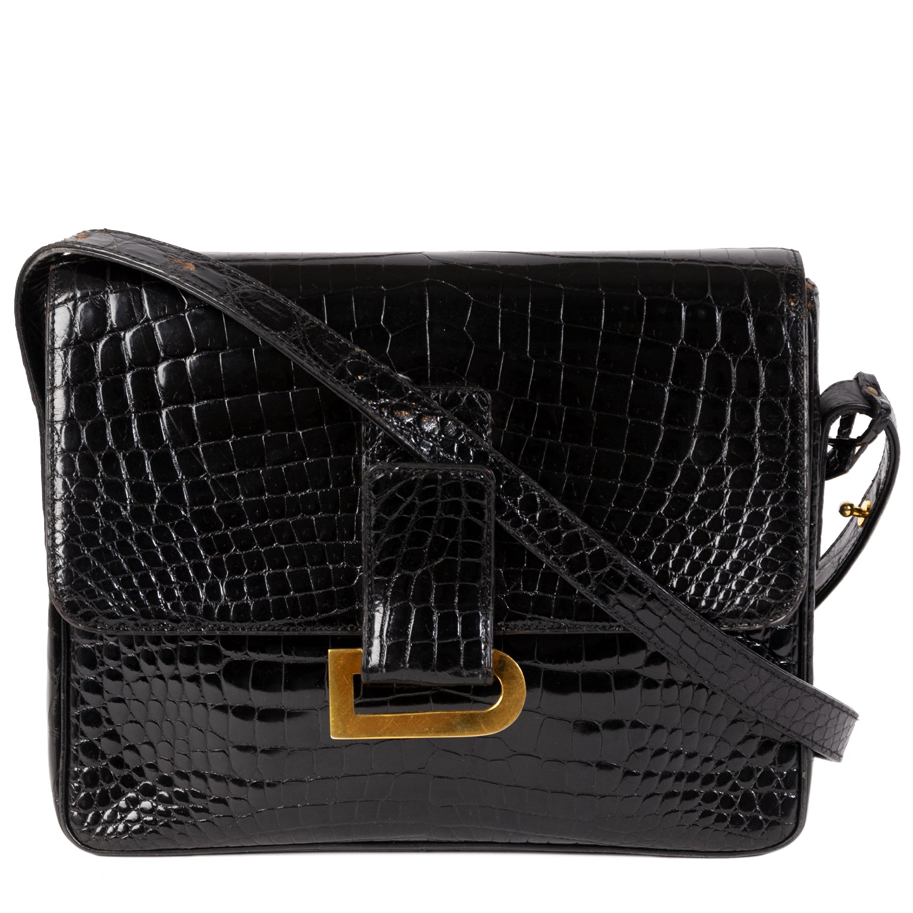 Authentique seconde main vintage Delvaux Poirier Black Croco Shoulder Bag achète en ligne webshop LabelLOV