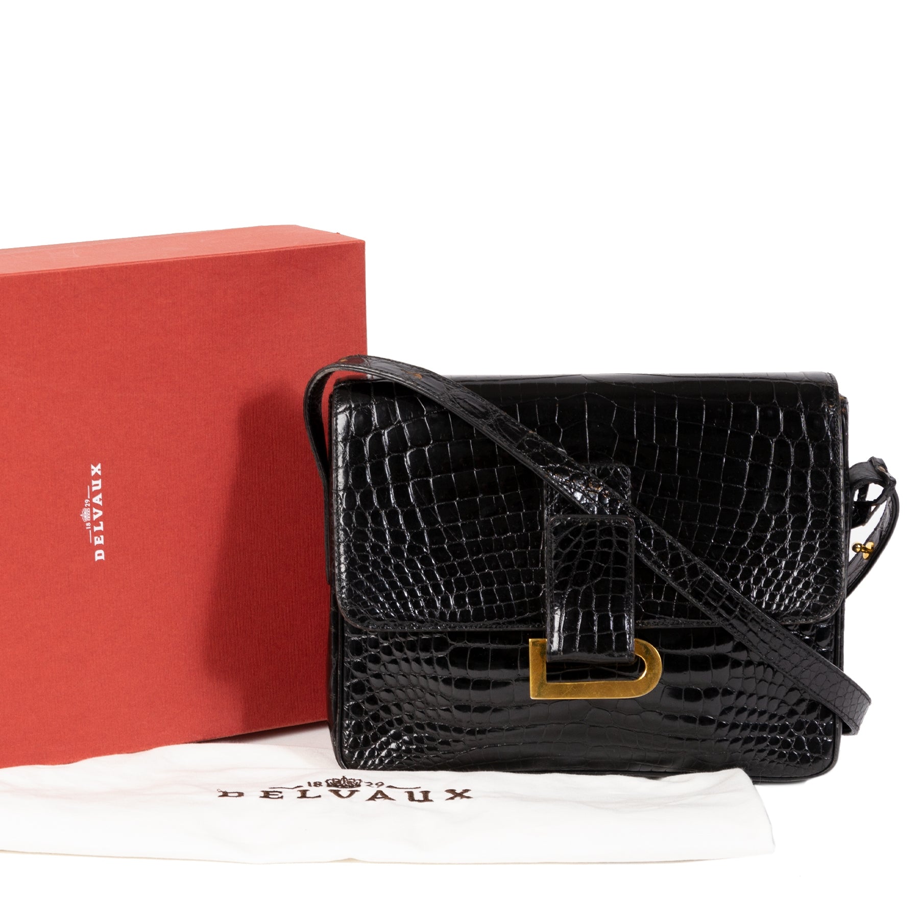 Authentieke tweedehands vintage Delvaux Poirier Black Croco Shoulder Bag koop online webshop LabelLOV