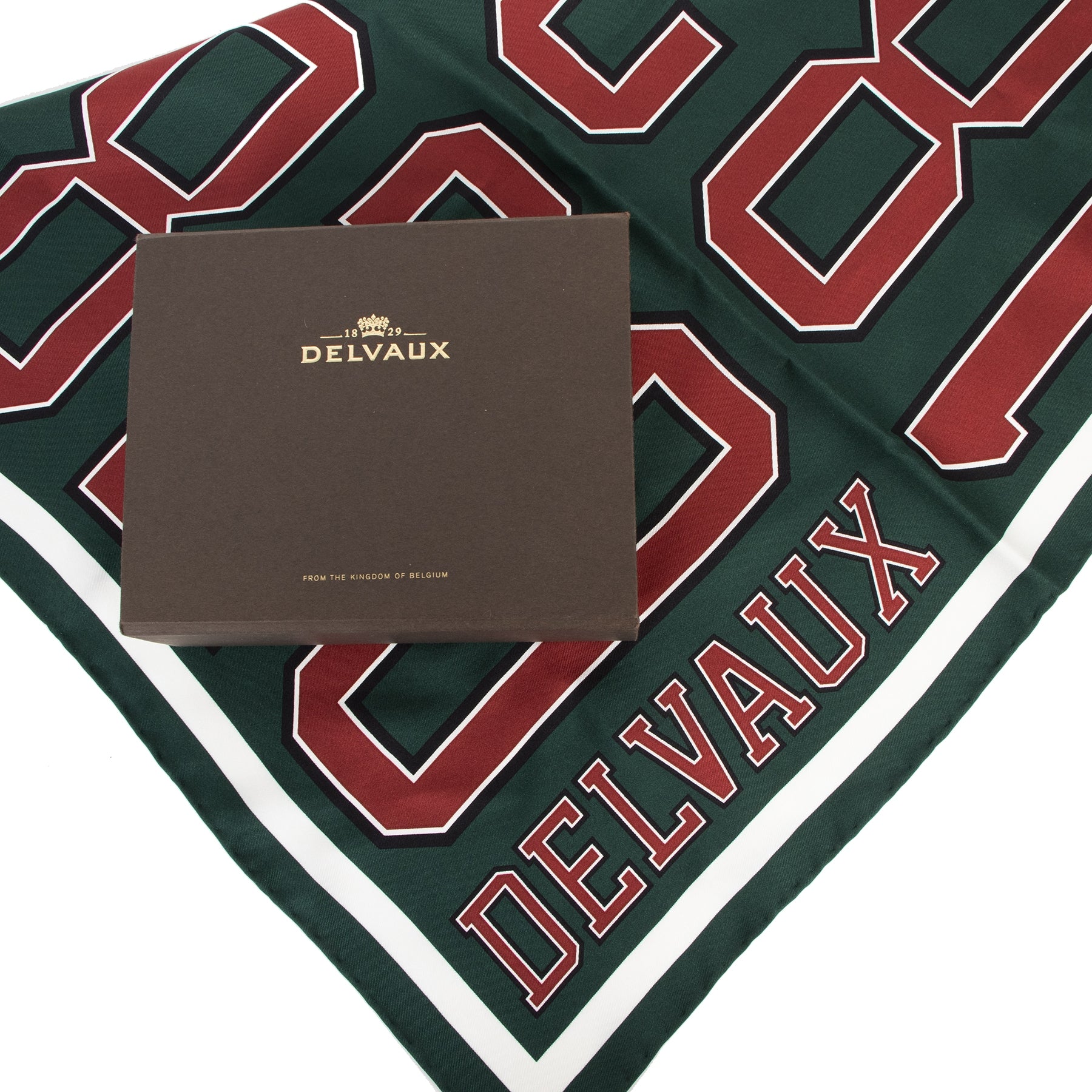 Authentieke Tweedehands Delvaux Green 1829 Silk Scarf zijden sjaals designer merken luxe accessoires handtassen vintage webshop online shoppen luxe merken mode fashion winkelen Antwerpen België