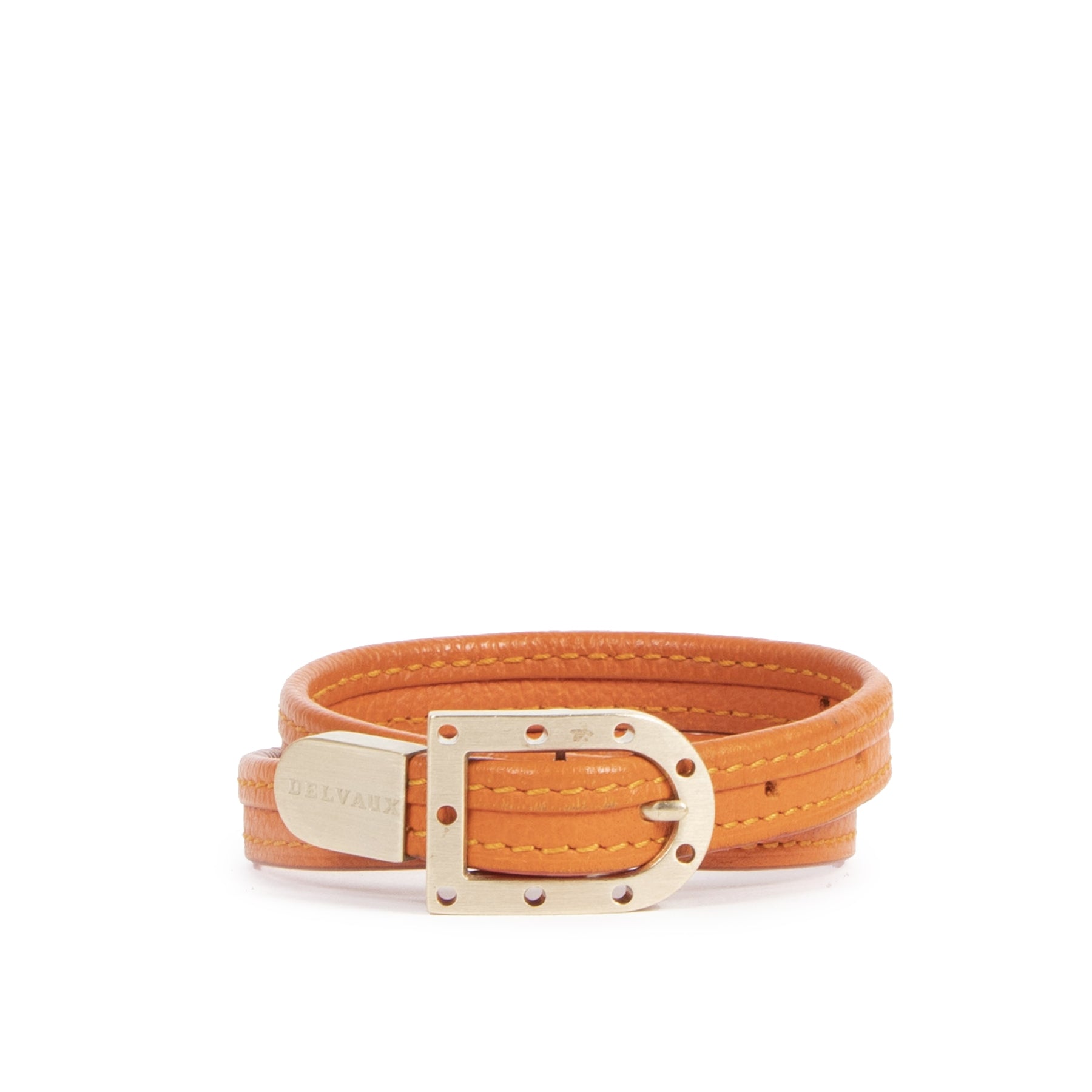 Authentieke Tweedehands Delvaux Orange Leather Silver D Bracelet juiste prijs veilig online shoppen luxe merken webshop winkelen Antwerpen België mode fashion