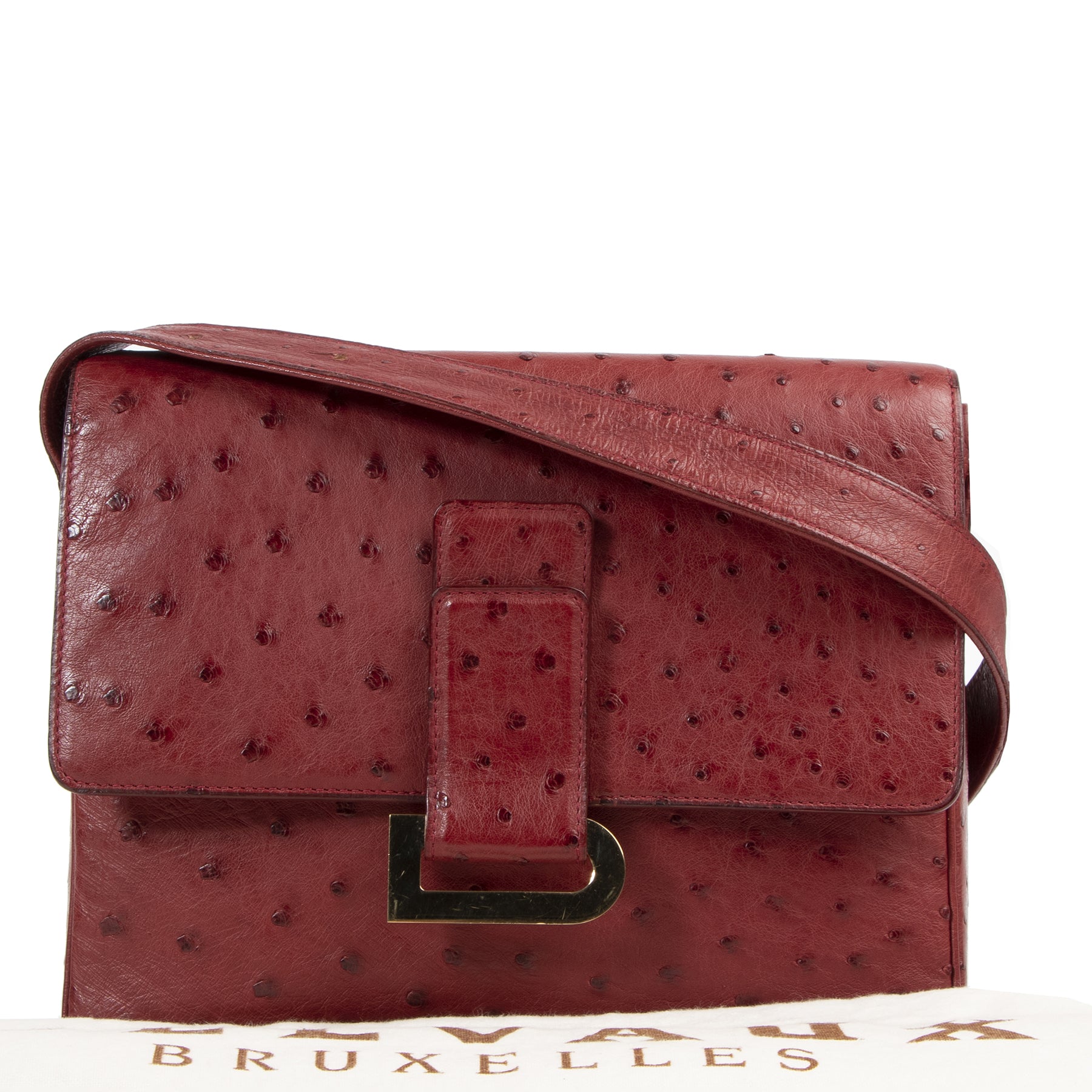 Authentic secondhand Delvaux Red Ostrich Poirier Crossbody Bag designer bags fashion luxury vintage webshop safe secure online shopping