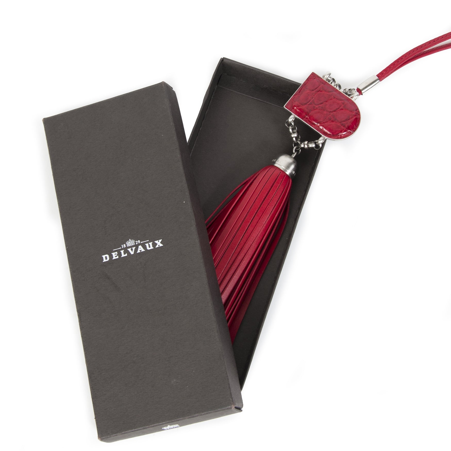 Authentieke Tweedehands Delvaux Red Leather D Necklace with Fringes juiste prijs veilig online shoppen luxe merken webshop winkelen Antwerpen België mode fashion