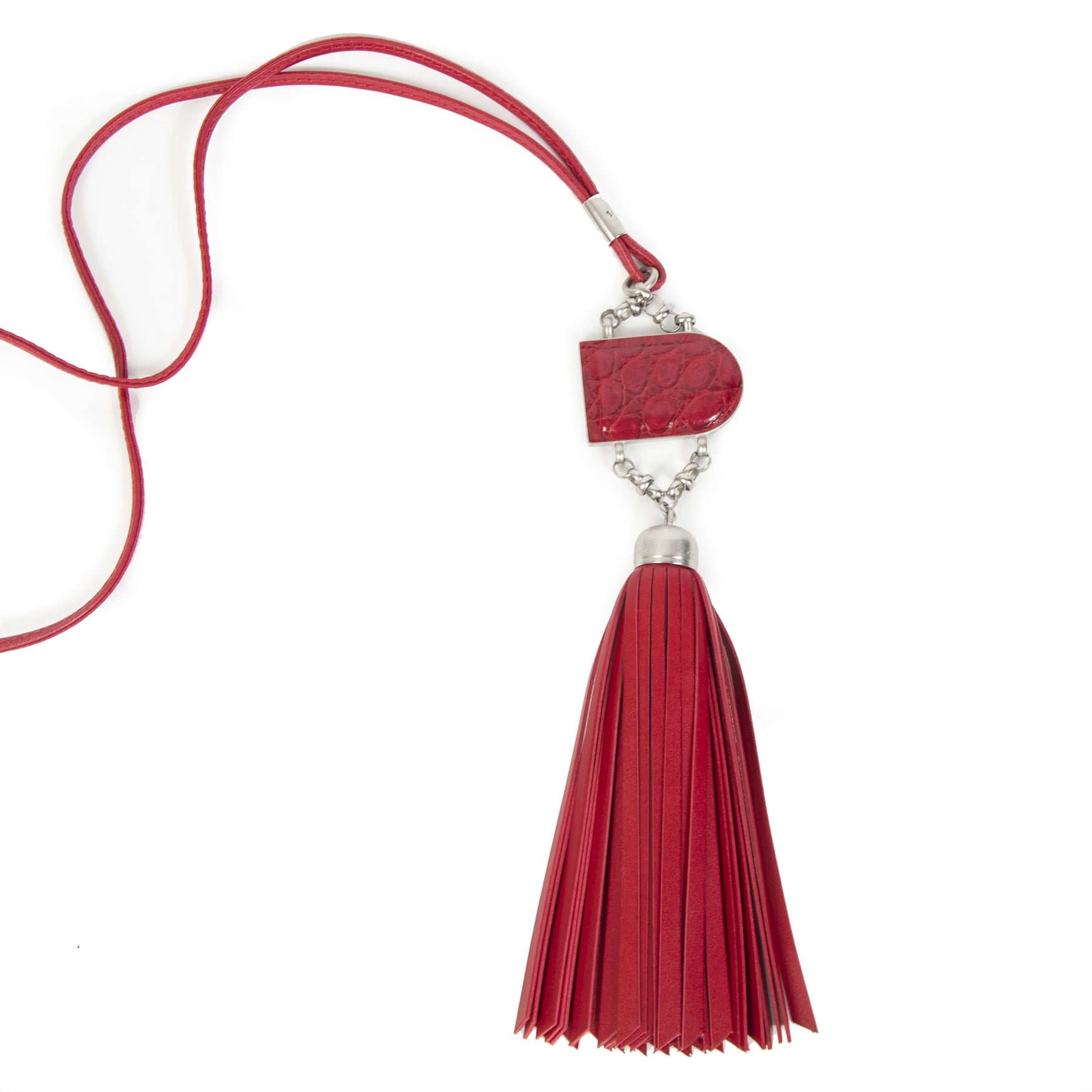 Authentieke Tweedehands Delvaux Red Leather D Necklace with Fringes juiste prijs veilig online shoppen luxe merken webshop winkelen Antwerpen België mode fashion