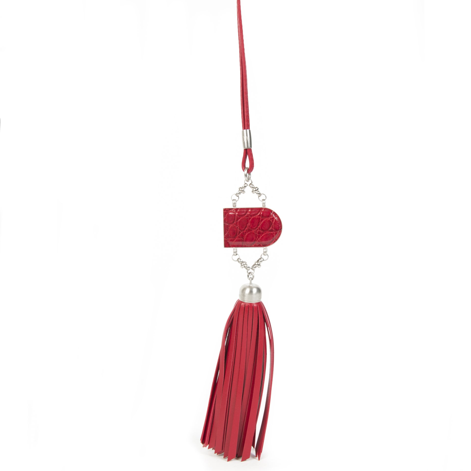 Authentieke Tweedehands Delvaux Red Leather D Necklace with Fringes juiste prijs veilig online shoppen luxe merken webshop winkelen Antwerpen België mode fashion