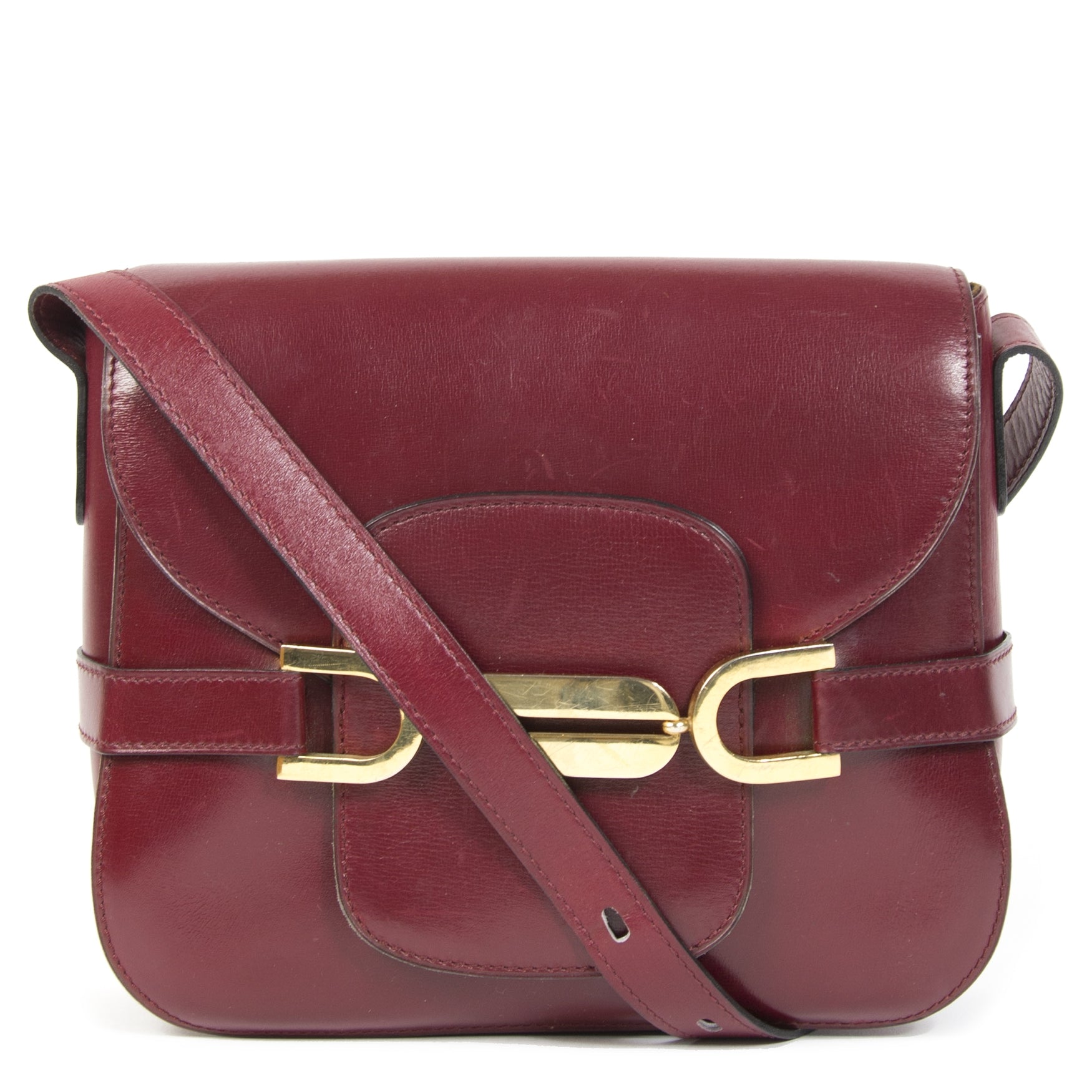 Authentieke Tweedehands Delvaux Burgundy Gold Crossbody Bag juiste prijs veilig online shoppen luxe merken webshop winkelen Antwerpen België mode fashion