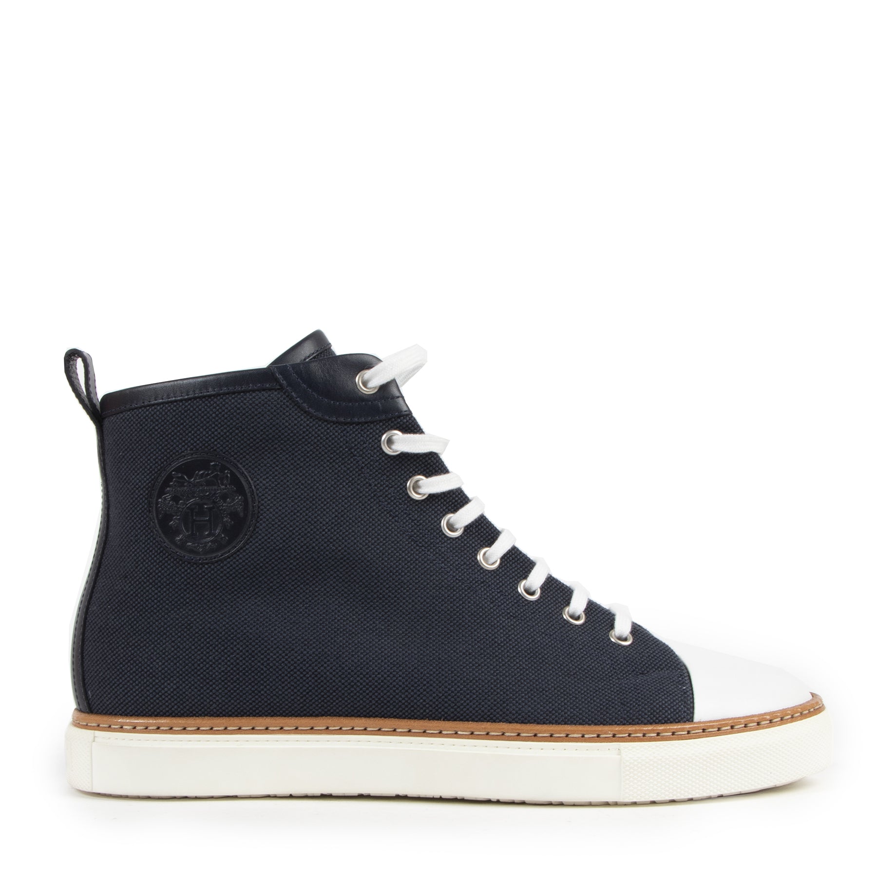 Authentieke Tweedehands Hermès Marine Fabric Mens Jimmy High Top Sneakers - Size 41,5 juiste prijs veilig online shoppen luxe merken webshop winkelen Antwerpen België mode fashion