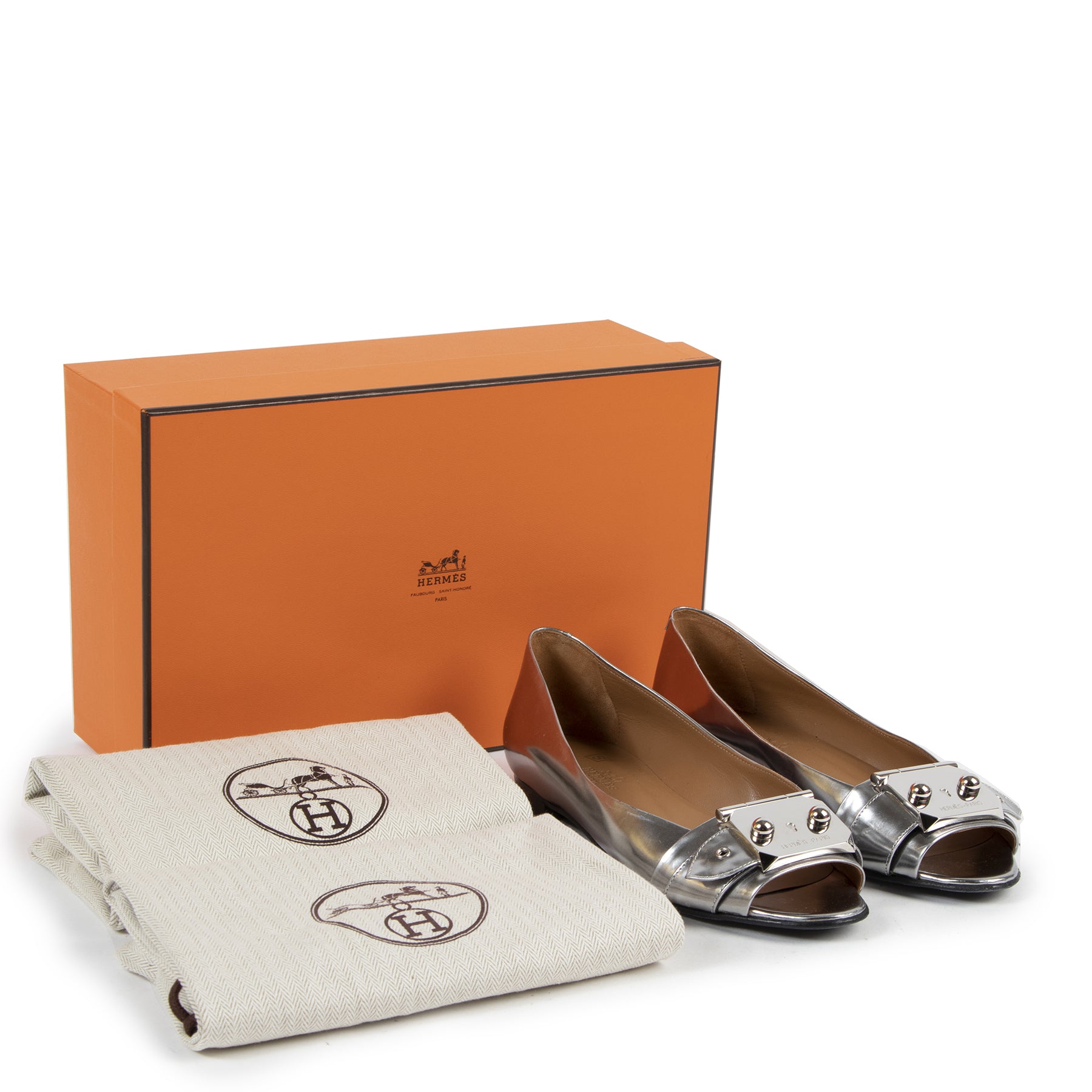 Authentic secondhand Hermès Silver Leather Open Flats - Size 37 designer shoes fashion luxury vintage webshop safe secure online shopping