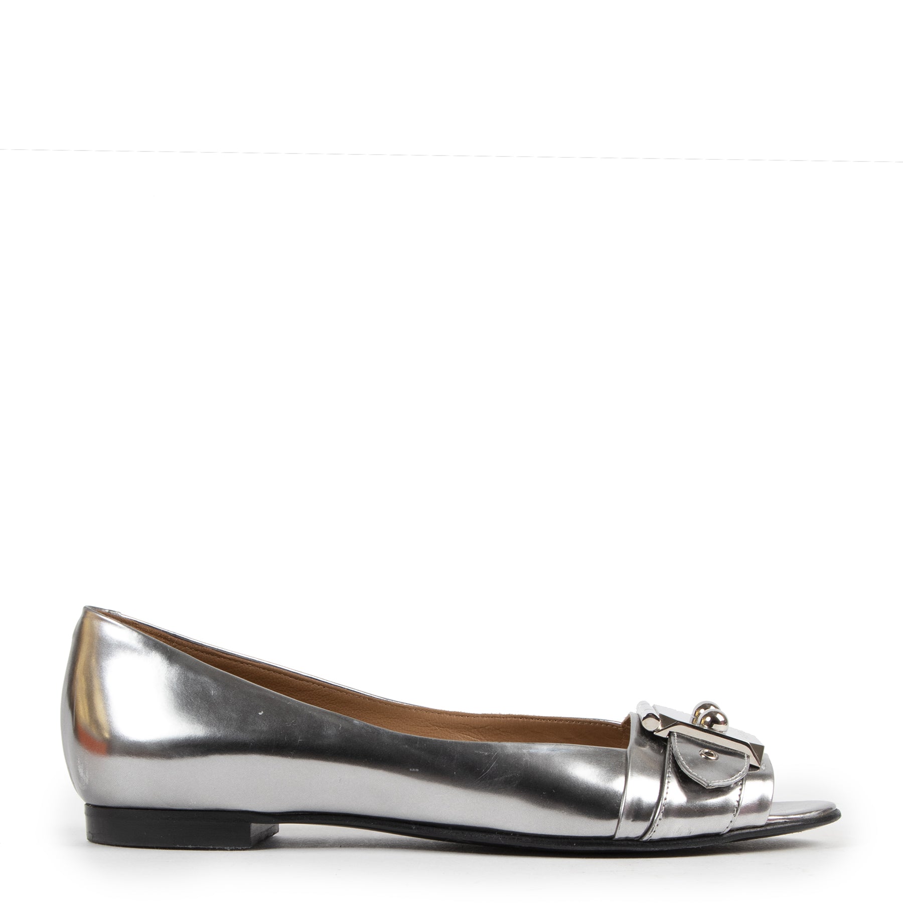 Authentieke Tweedehands Hermès Silver Leather Open Flats - Size 37 juiste prijs veilig online shoppen luxe merken webshop winkelen Antwerpen België mode fashion